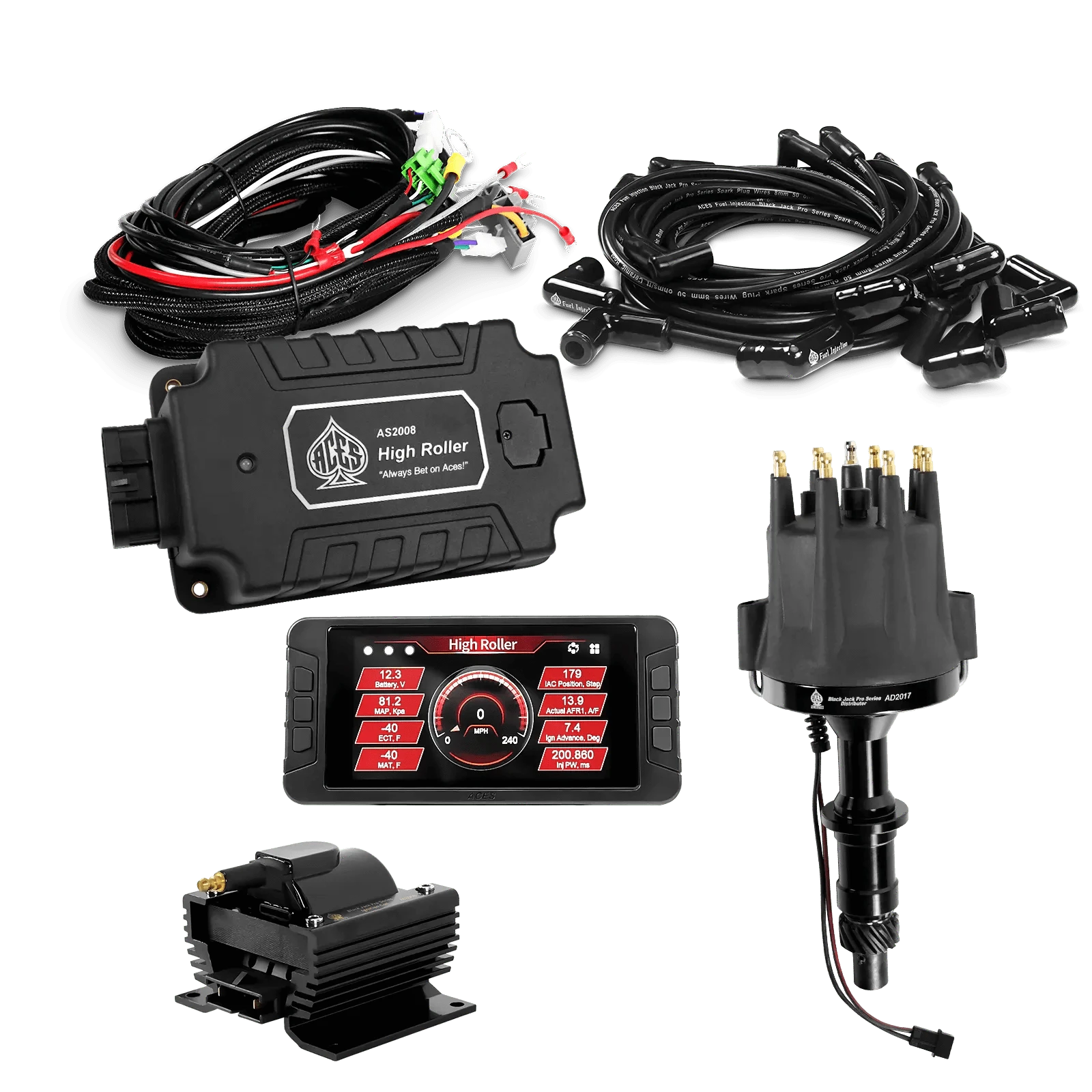 ACES Fuel Injection. Pontiac 326-455 90 Deg Boots High Roller Pro Ignition Package