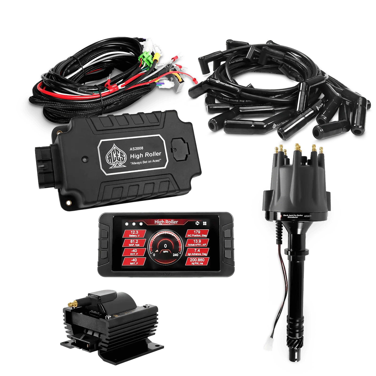 ACES Fuel Injection. SB/BB Chevy 135 Deg Boots High Roller Pro Ignition Package