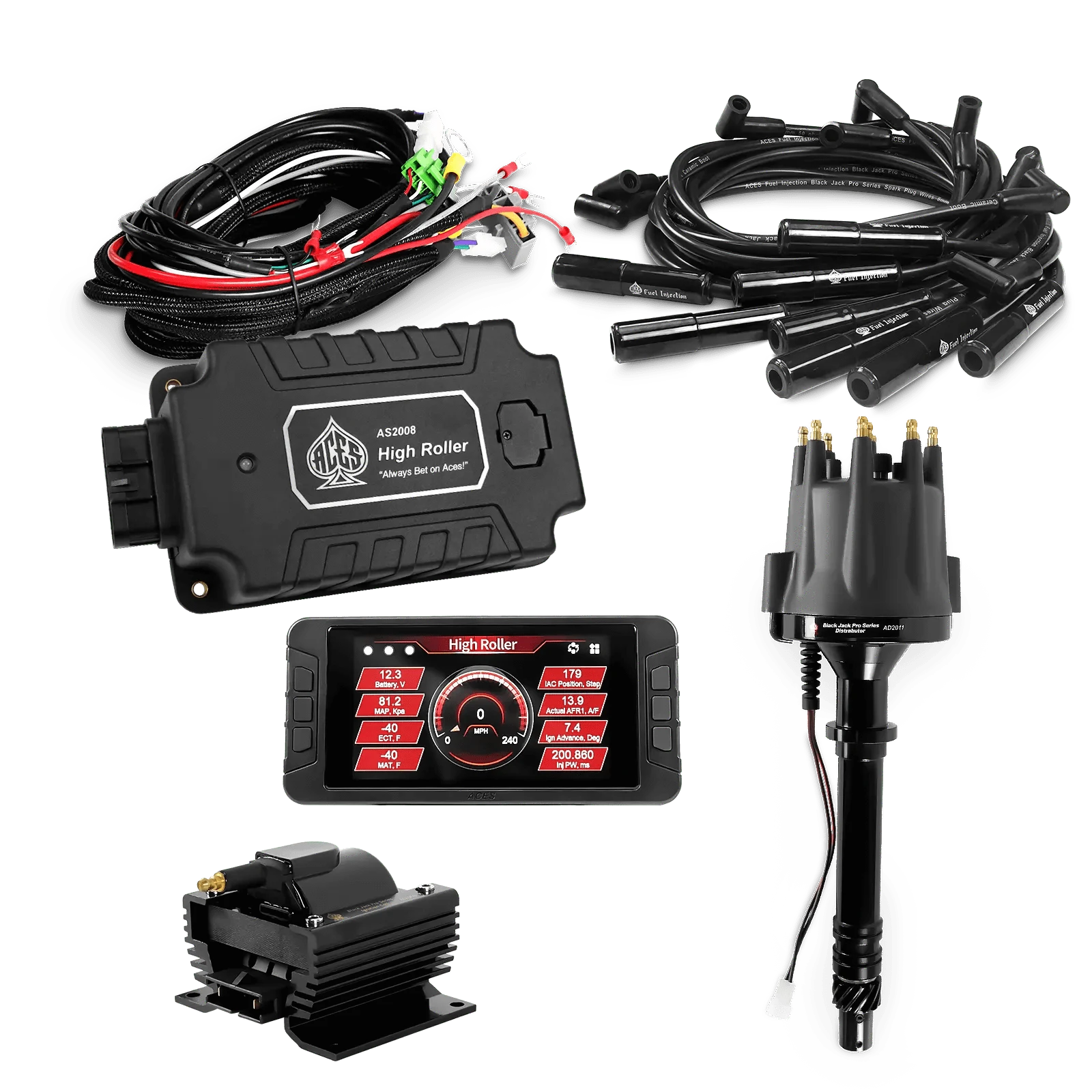 ACES Fuel Injection. SB/BB Chevy 180 Deg Boots High Roller Pro Ignition Package