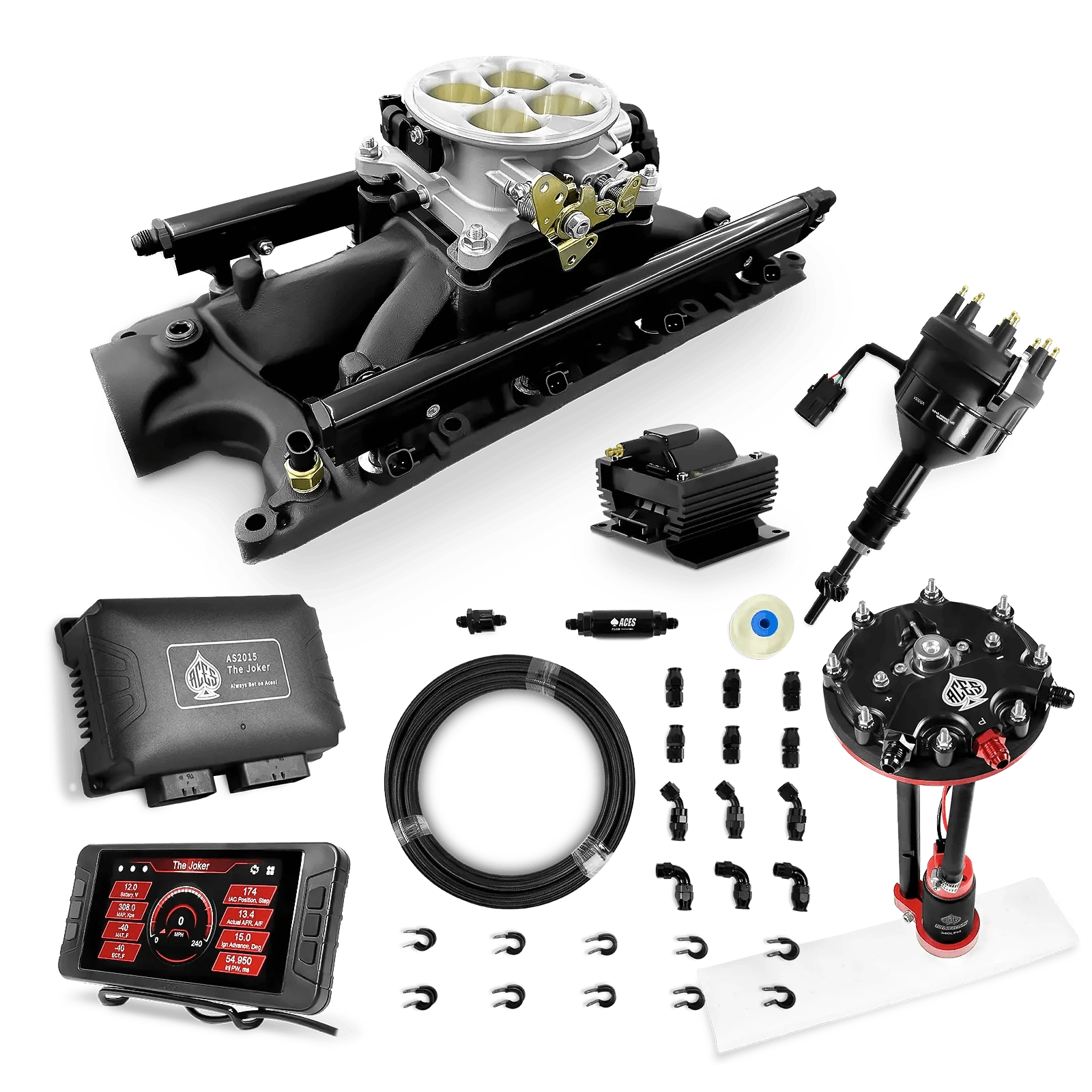 Aces Fuel Injection Tank Conversion Pump Module with Internal Regulator & 20' PTFE Hose Kits (340 LPH) / Black Manifold for 302 SBF The Joker Sequential EFI/CDI Master Kits (500 HP)