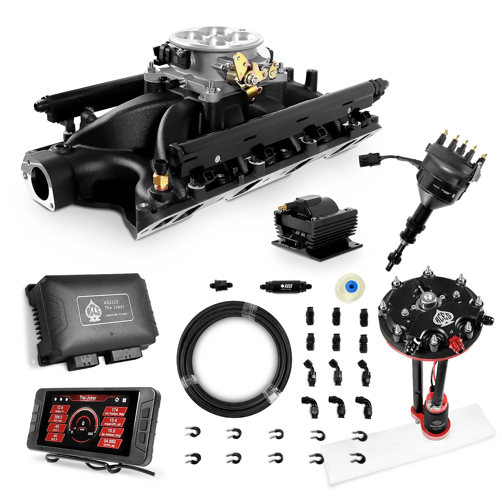 Aces Fuel Injection Tank Conversion Pump Module with Internal Regulator & 20' PTFE Hose Kits (340 LPH) / Black Manifold for 351W SBF The Joker Sequential EFI/CDI Master Kits (500 HP)