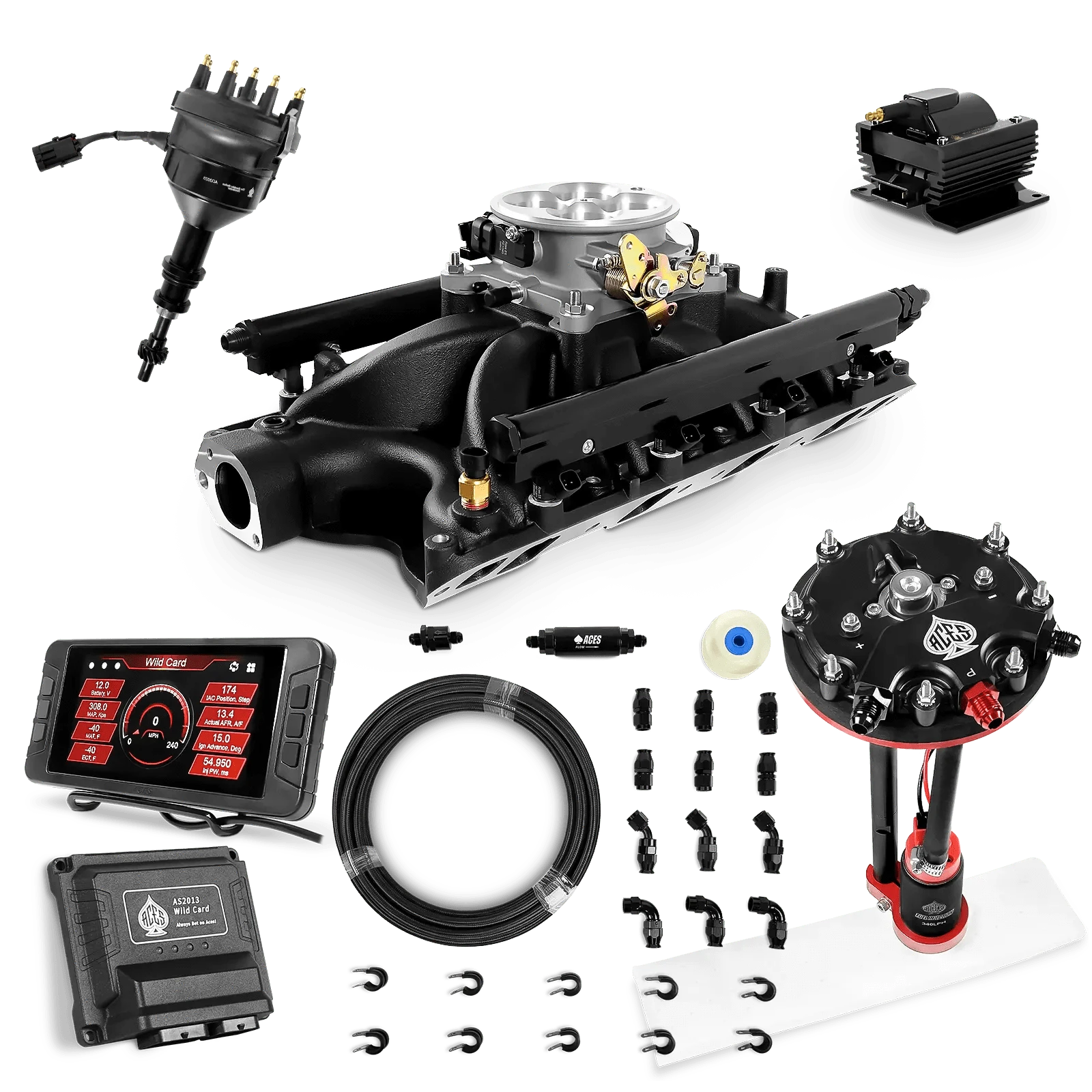 Aces Fuel Injection Tank Conversion Pump Module with Internal Regulator & 20' PTFE Hose Kits (340 LPH) / Black Manifold for 351W SBF Wild Card Sequential EFI Master Kits (500 HP)