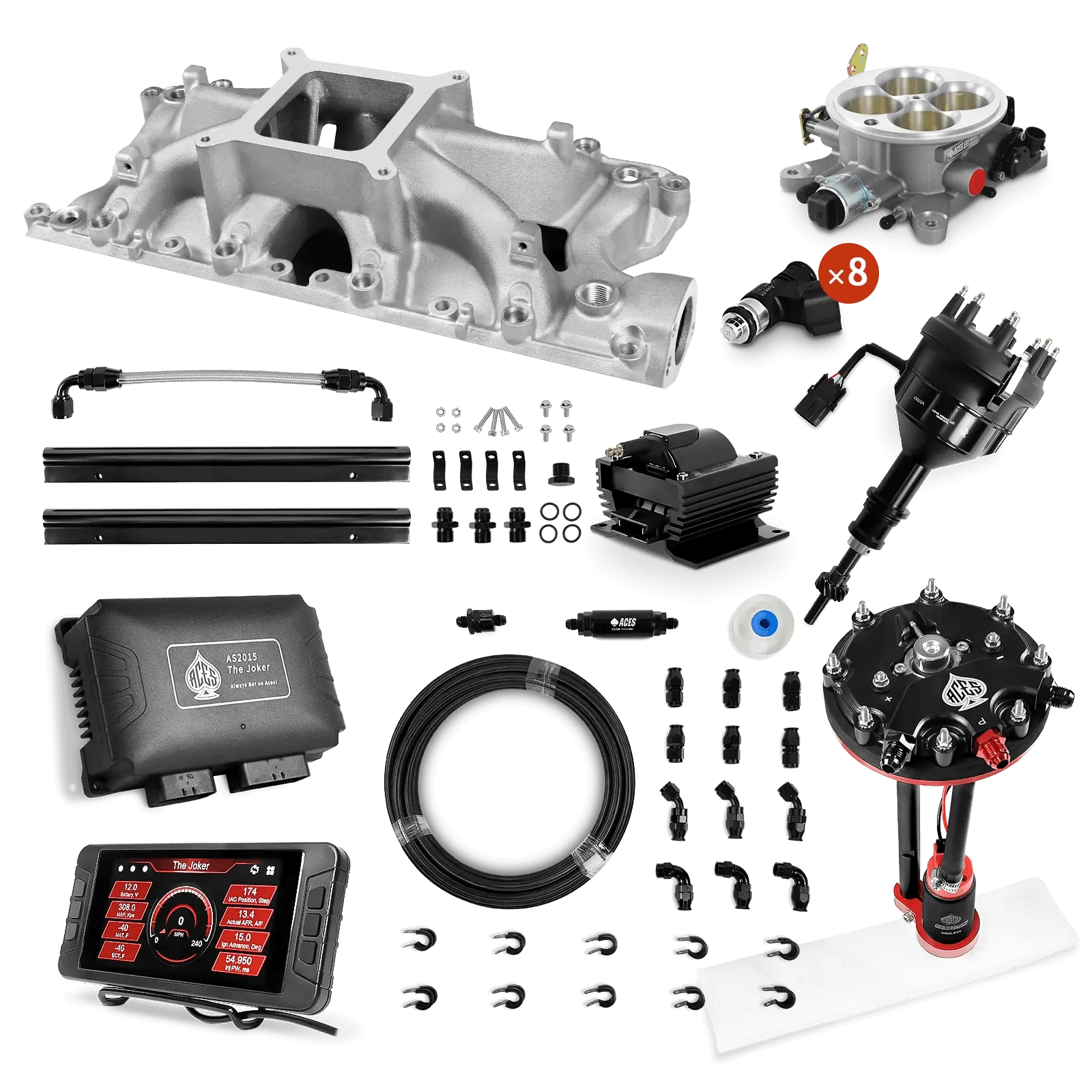 Aces Fuel Injection Tank Conversion Pump Module with Internal Regulator & 20' PTFE Hose Kits (340 LPH) / Silver Manifold for 302 SBF The Joker Sequential EFI/CDI Master Kits (500 HP)
