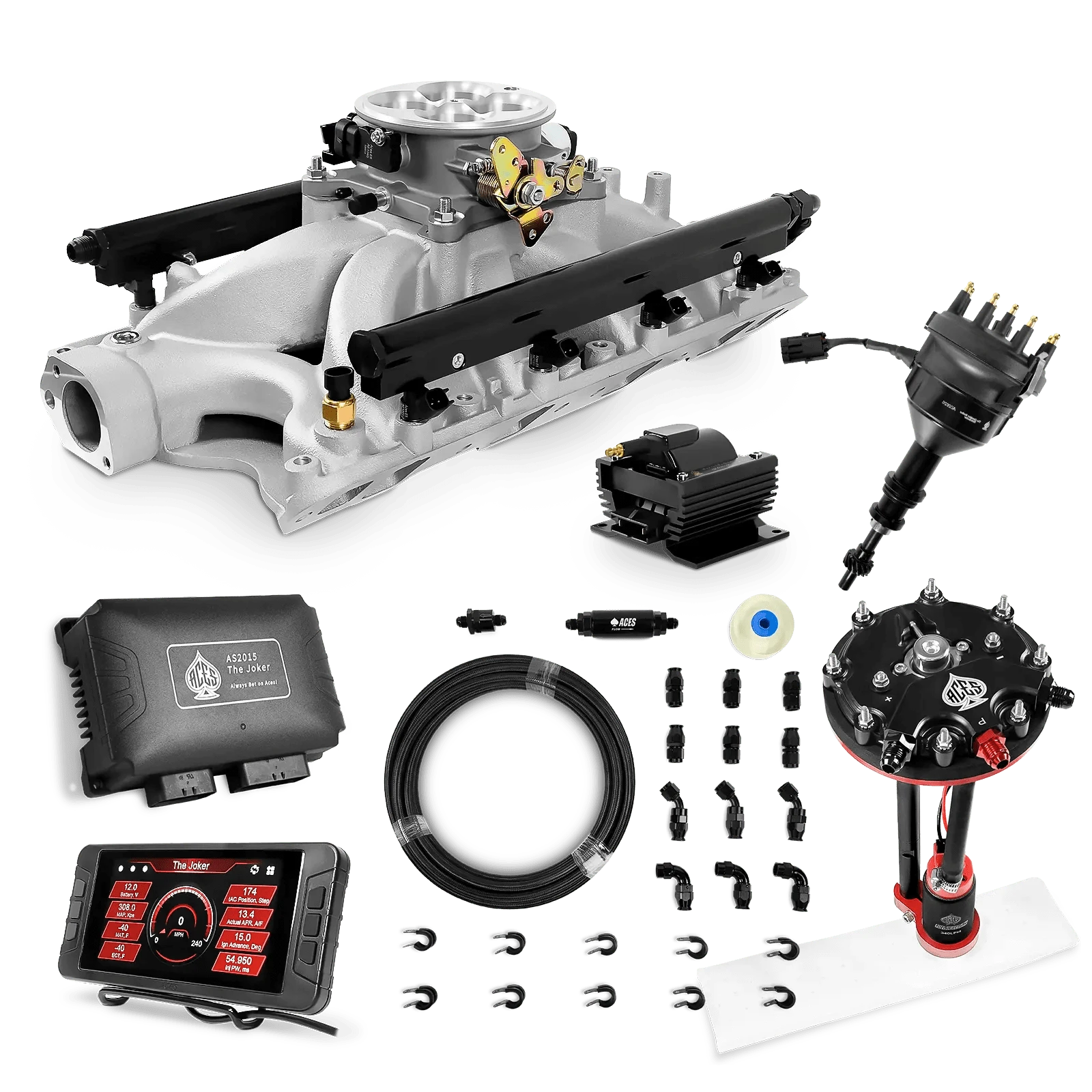 Aces Fuel Injection Tank Conversion Pump Module with Internal Regulator & 20' PTFE Hose Kits (340 LPH) / Silver Manifold for 351W SBF The Joker Sequential EFI/CDI Master Kits (500 HP)