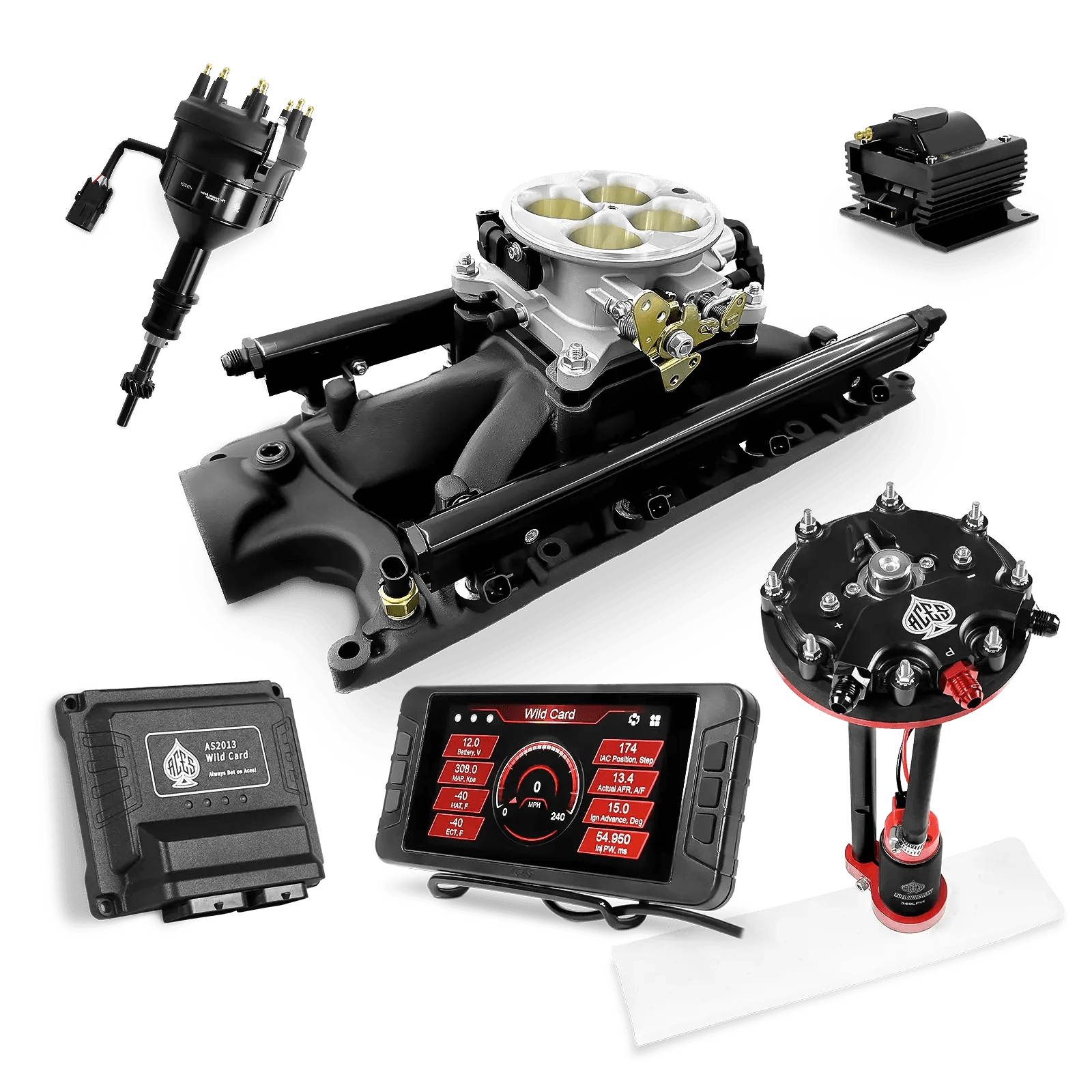 Aces Fuel Injection Tank Conversion Pump Module with Internal Regulator (340 LPH) / Black Manifold for 302 SBF Wild Card Sequential EFI Master Kits (500 HP)
