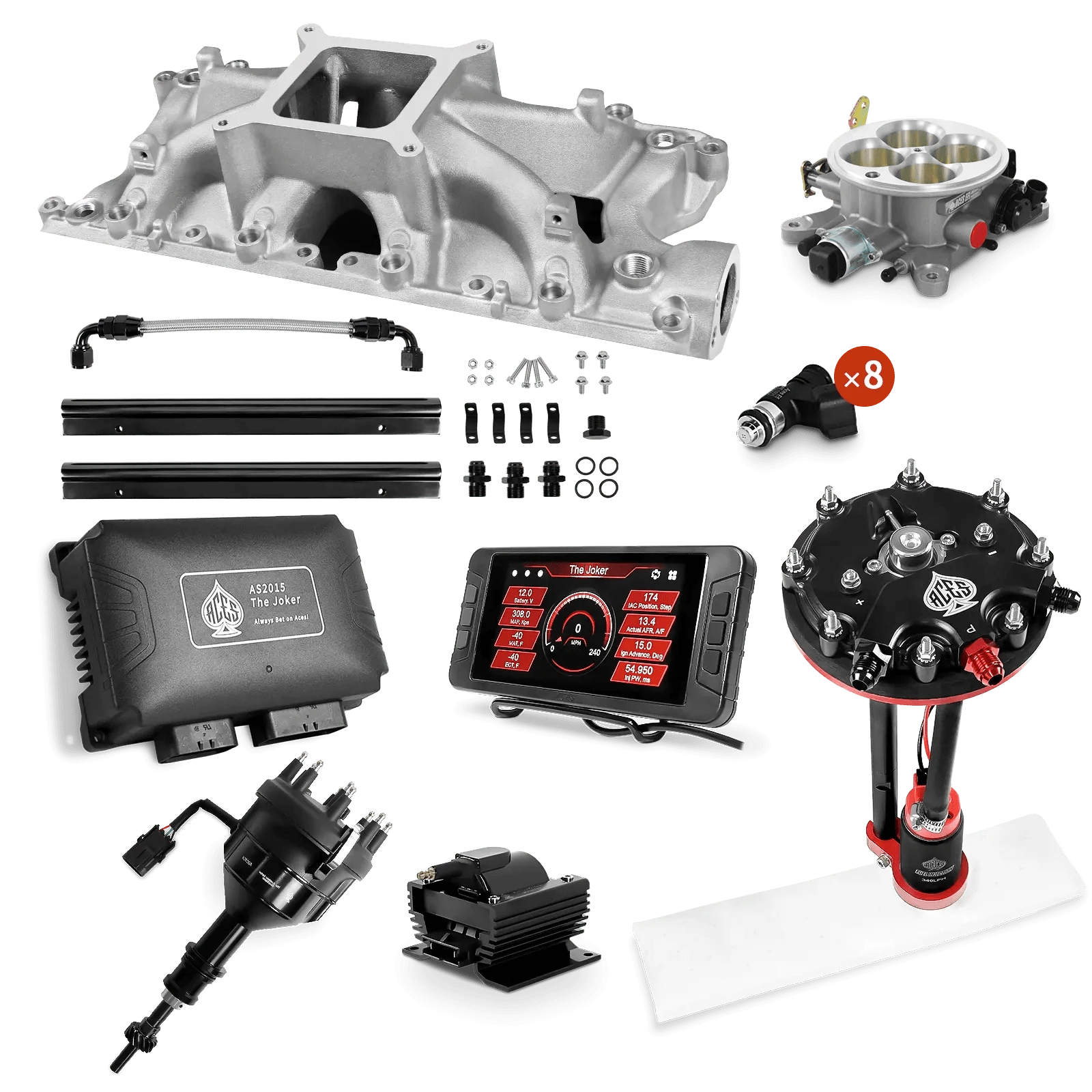 Aces Fuel Injection Tank Conversion Pump Module with Internal Regulator (340 LPH) / Silver Manifold for 302 SBF The Joker Sequential EFI/CDI Master Kits (500 HP)