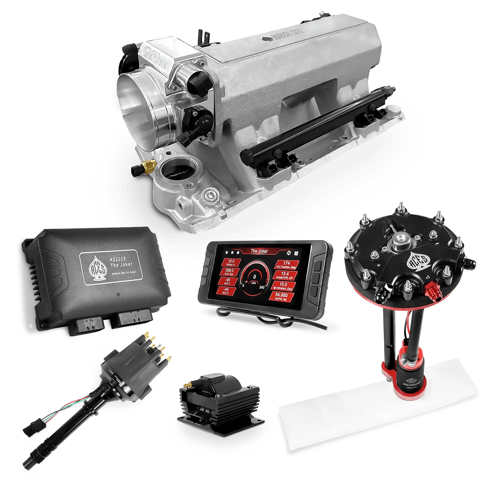 Aces Fuel Injection Tank Conversion Pump Module with Internal Regulator (340 LPH) / Silver Tunnel Ram Manifold for SBC (non-vortec) The Joker Sequential EFI/CDI Master Kits (500 HP)
