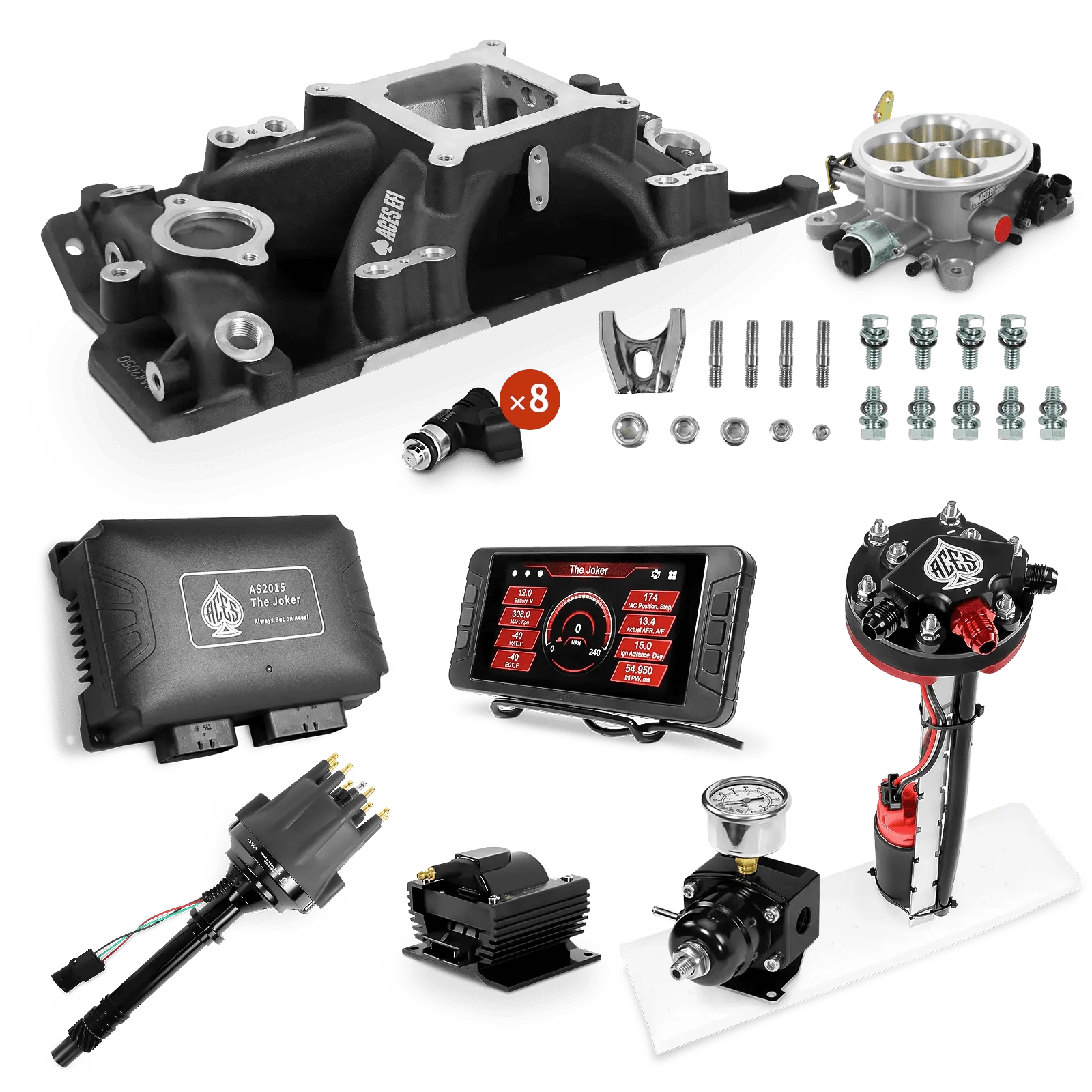Aces Fuel Injection Tight Fit In-tank Pump Module (255 LPH) / Black Manifold for SBC (non-vortec) The Joker Sequential EFI/CDI Master Kits (500 HP)