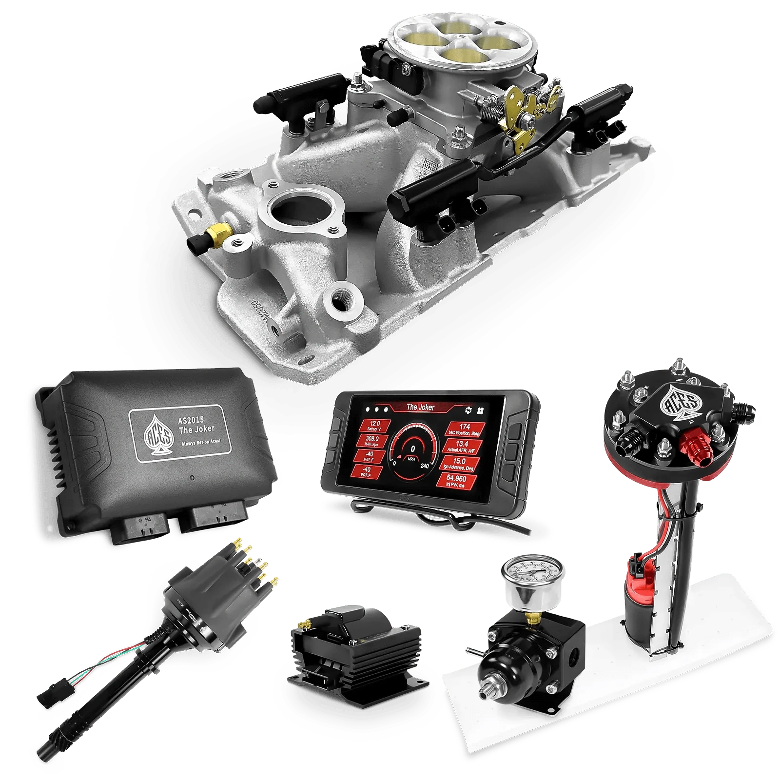 Aces Fuel Injection Tight Fit In-tank Pump Module (255 LPH) / Silver Manifold for SBC (non-vortec) The Joker Sequential EFI/CDI Master Kits (500 HP)
