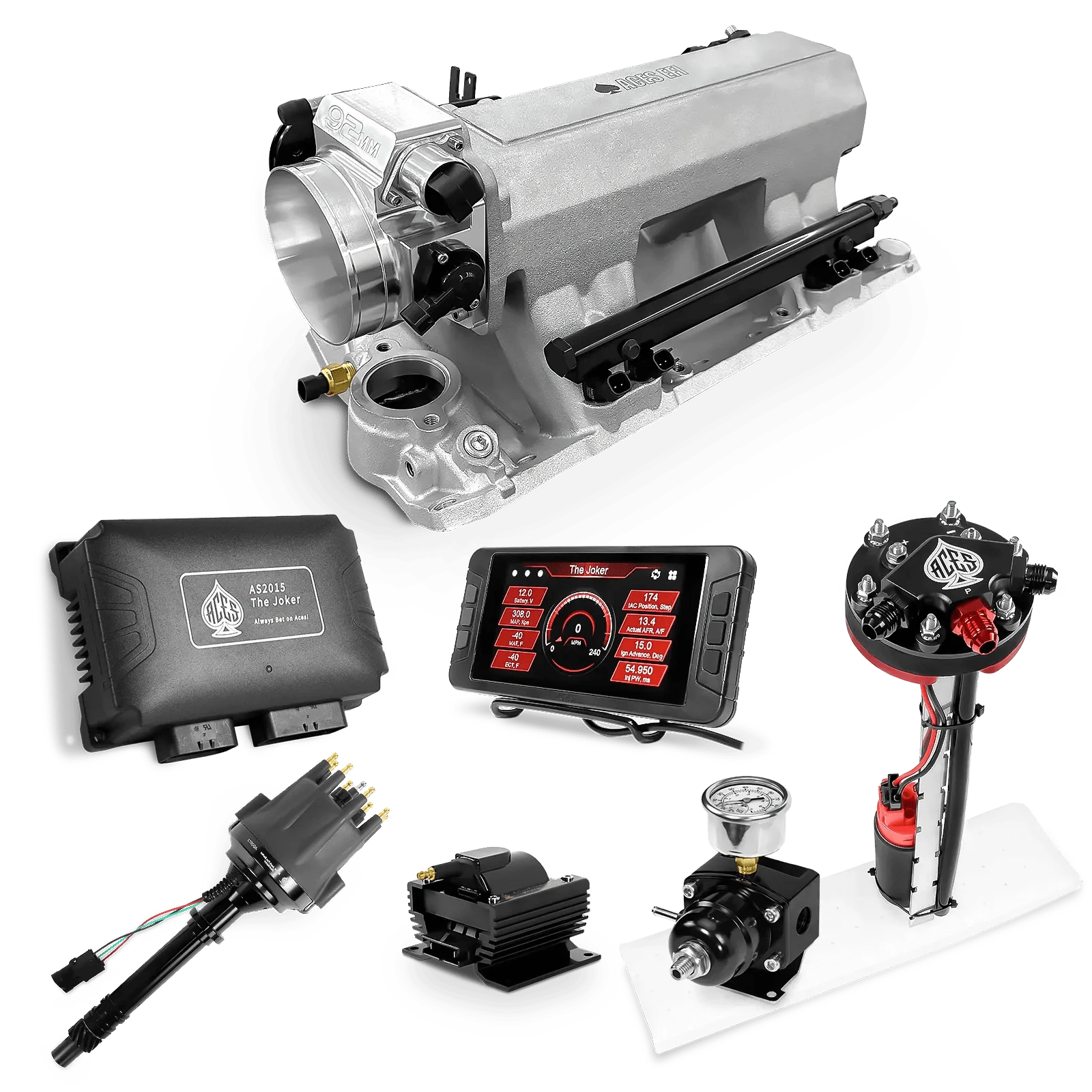 Aces Fuel Injection Tight Fit In-tank Pump Module (255 LPH) / Silver Tunnel Ram Manifold for SBC (non-vortec) The Joker Sequential EFI/CDI Master Kits (500 HP)