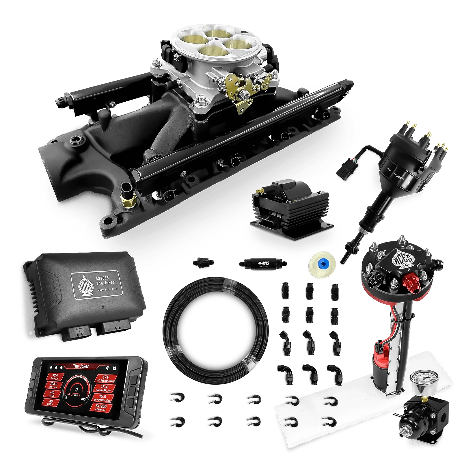 Aces Fuel Injection Tight Fit In-tank Pump Module & 40' PTFE Hose Kits (255 LPH) / Black Manifold for 302 SBF The Joker Sequential EFI/CDI Master Kits (500 HP)