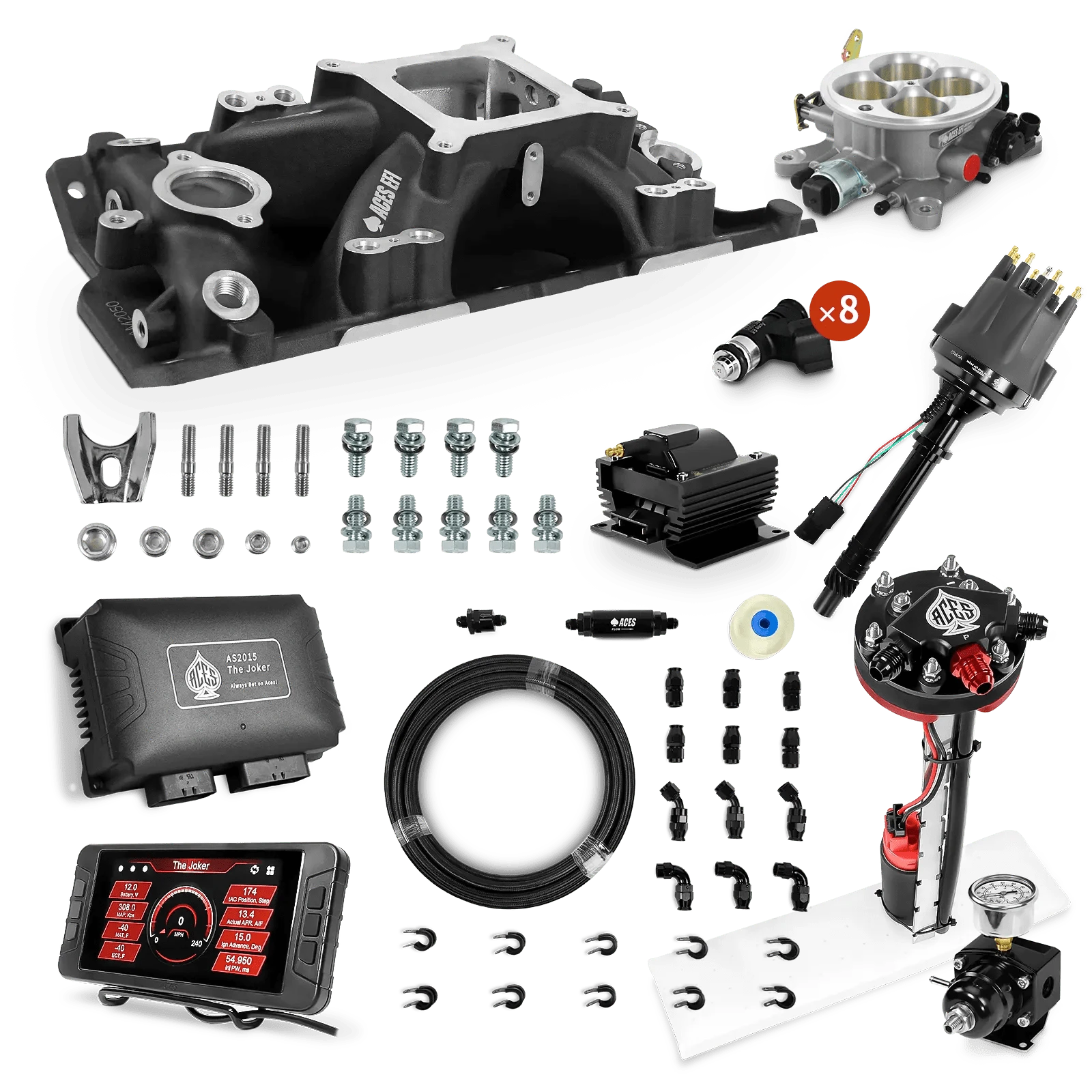 Aces Fuel Injection Tight Fit In-tank Pump Module & 40' PTFE Hose Kits (255 LPH) / Black Manifold for SBC (non-vortec) The Joker Sequential EFI/CDI Master Kits (500 HP)