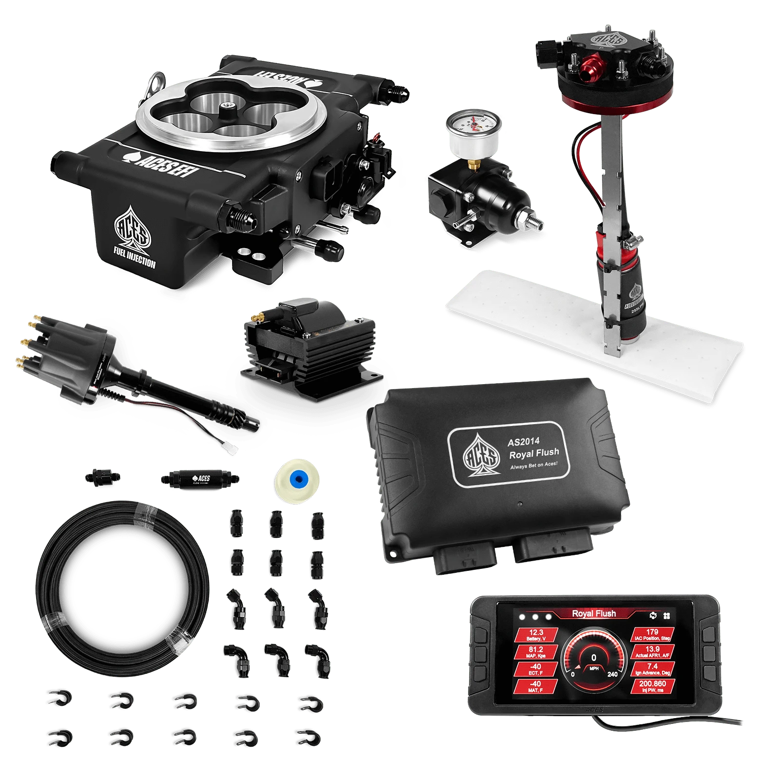 Aces Fuel Injection Tight Fit In-tank Pump Module & 40' PTFE Hose Kits (255 LPH) / SB/BB Chevy Royal Flush EFI/CDI Master Kits (Black)