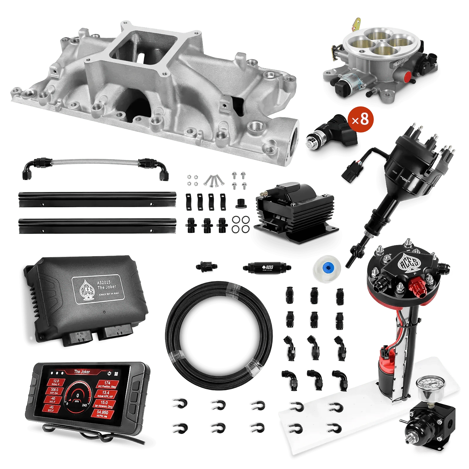 Aces Fuel Injection Tight Fit In-tank Pump Module & 40' PTFE Hose Kits (255 LPH) / Silver Manifold for 302 SBF The Joker Sequential EFI/CDI Master Kits (500 HP)