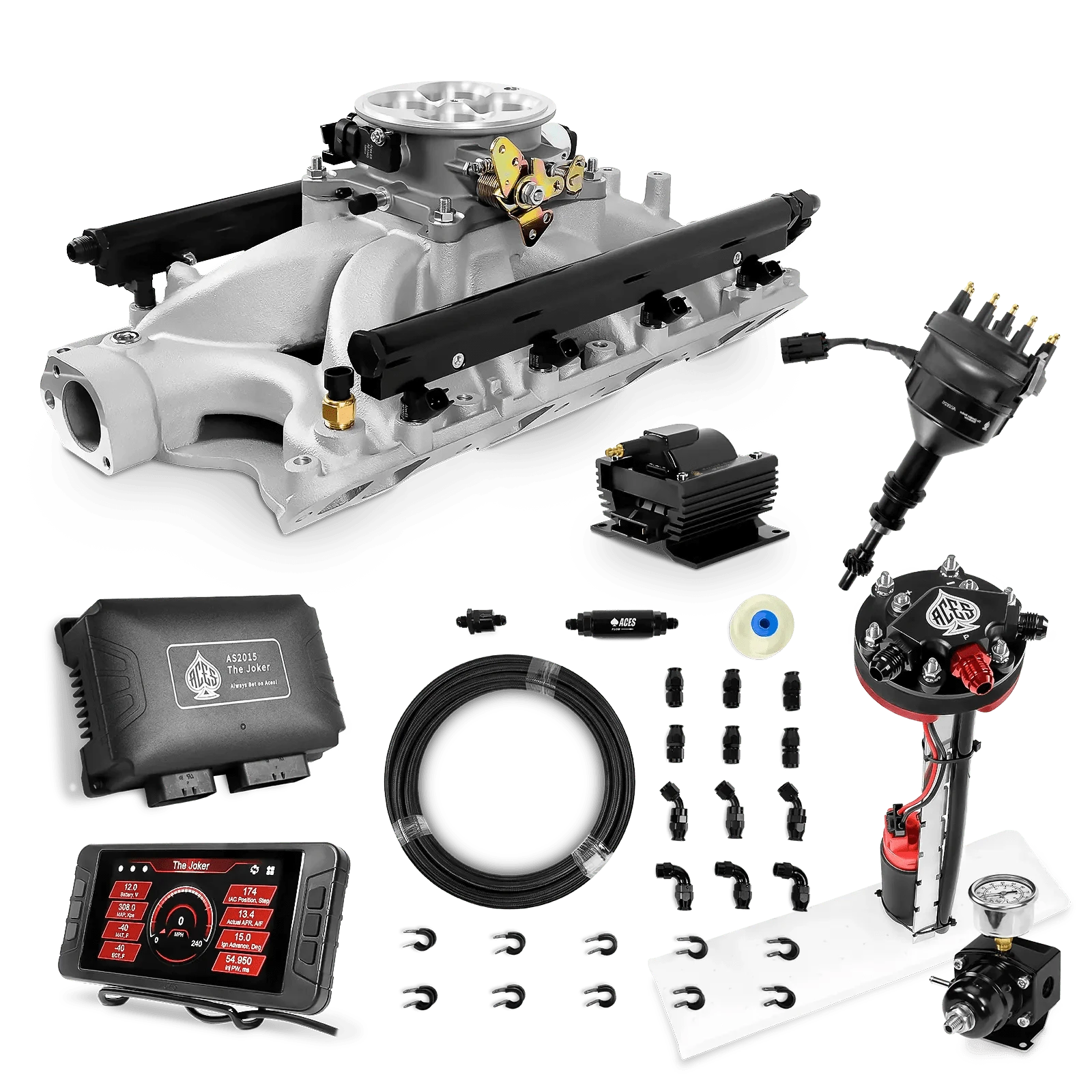 Aces Fuel Injection Tight Fit In-tank Pump Module & 40' PTFE Hose Kits (255 LPH) / Silver Manifold for 351W SBF The Joker Sequential EFI/CDI Master Kits (500 HP)