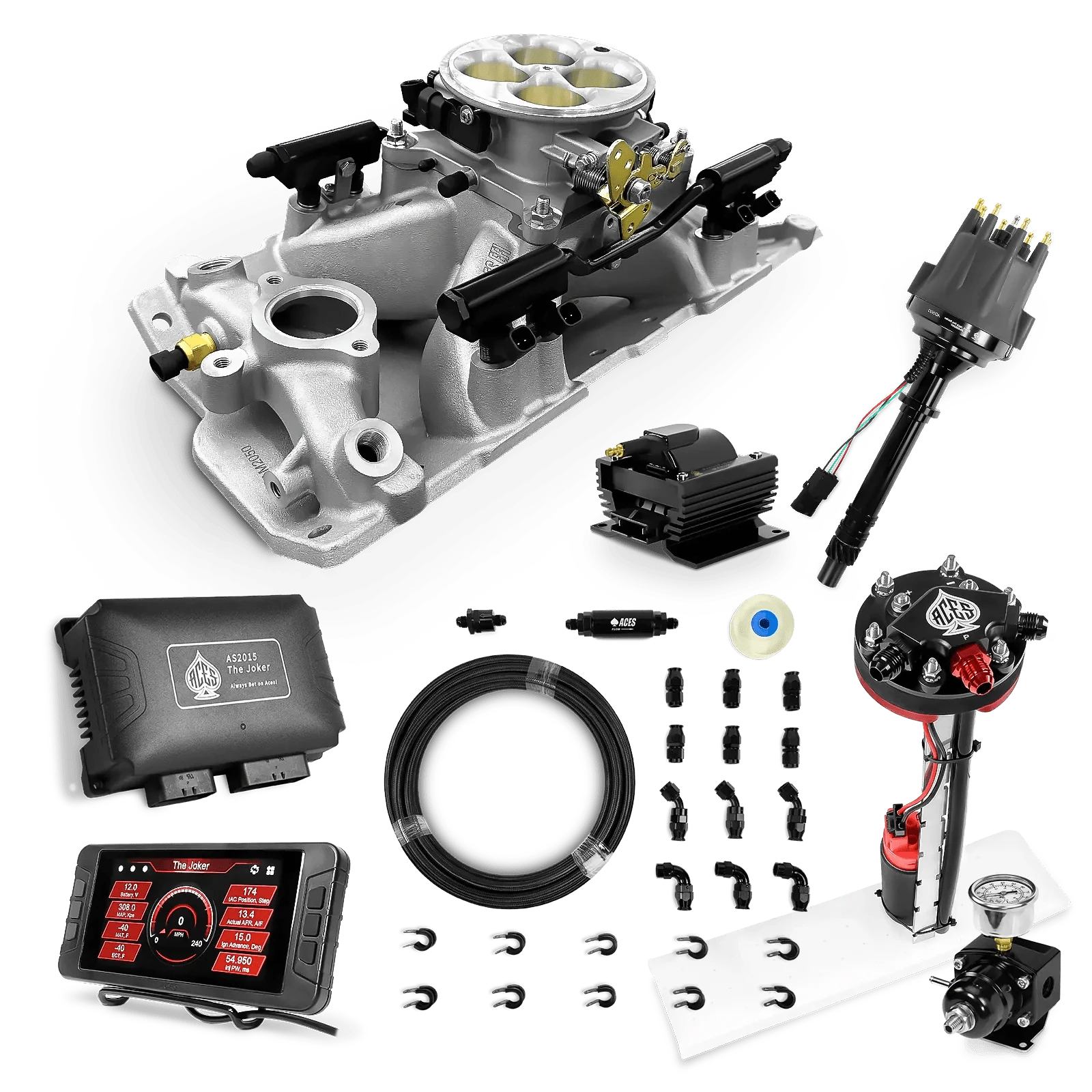 Aces Fuel Injection Tight Fit In-tank Pump Module & 40' PTFE Hose Kits (255 LPH) / Silver Manifold for SBC (non-vortec) The Joker Sequential EFI/CDI Master Kits (500 HP)
