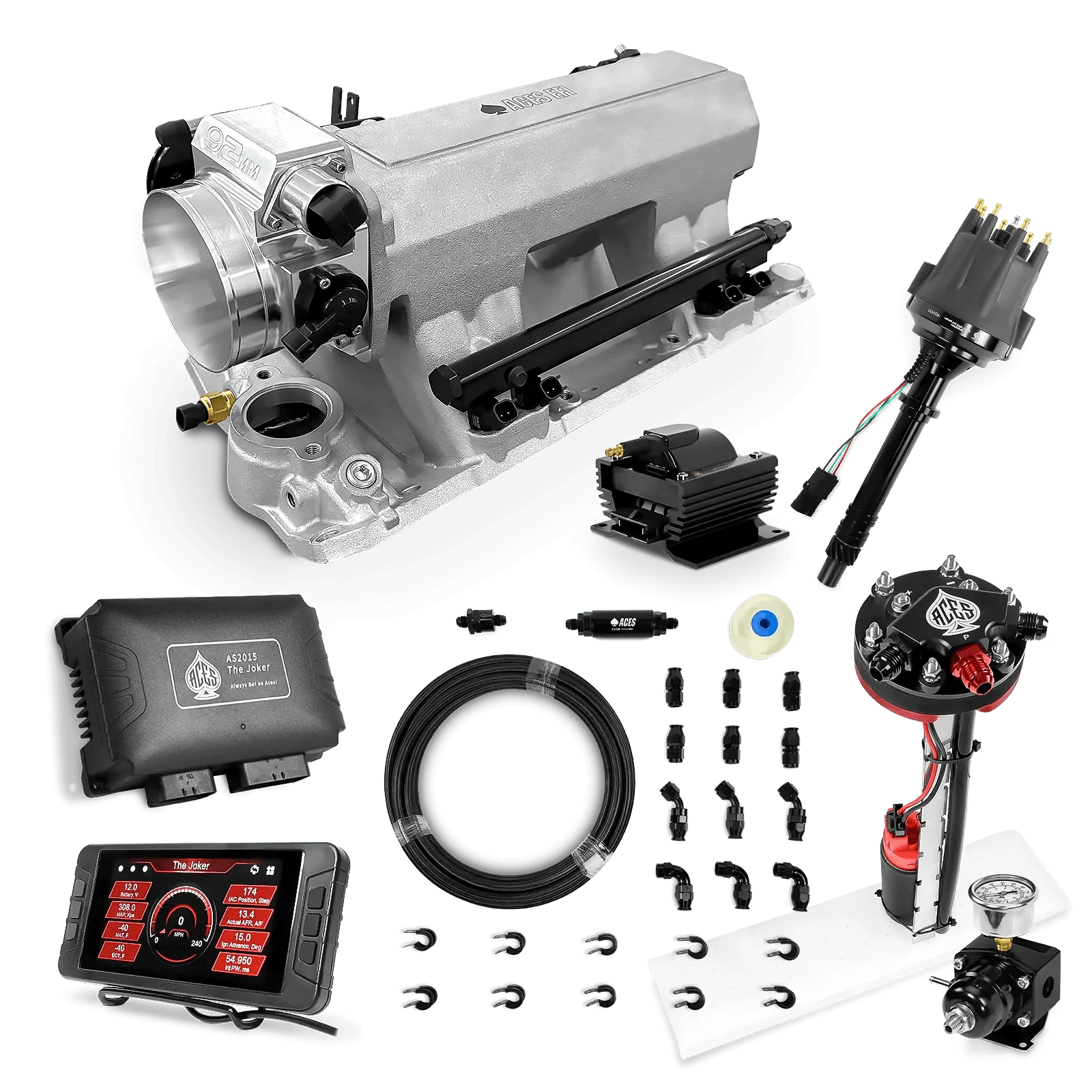 Aces Fuel Injection Tight Fit In-tank Pump Module & 40' PTFE Hose Kits (255 LPH) / Silver Tunnel Ram Manifold for SBC (non-vortec) The Joker Sequential EFI/CDI Master Kits (500 HP)