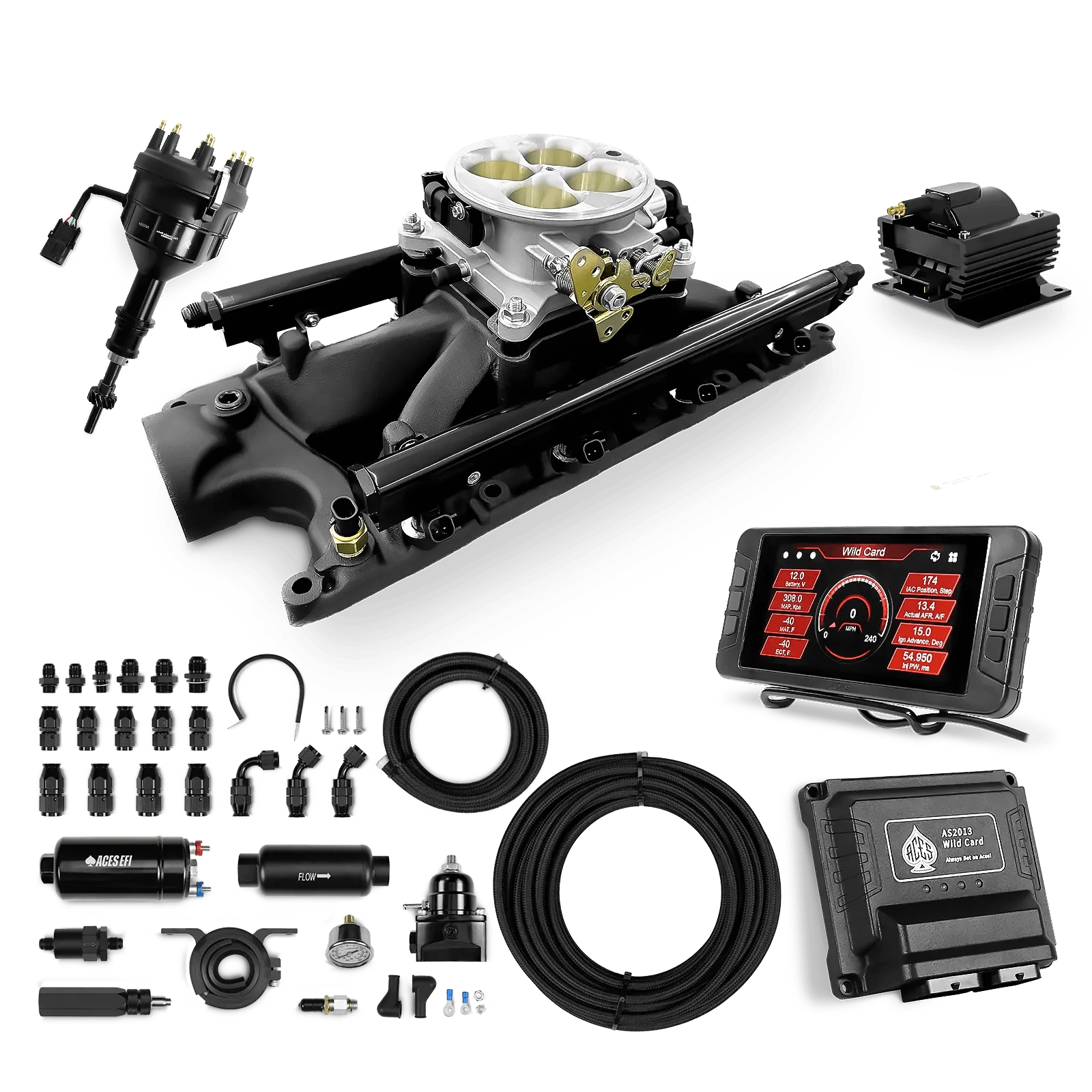Aces Fuel Injection 255 In-line Fuel Pump System w/40' PTFE Hose / Black Manifold for 302 SBF Wild Card Sequential EFI Master Kits (500 HP)