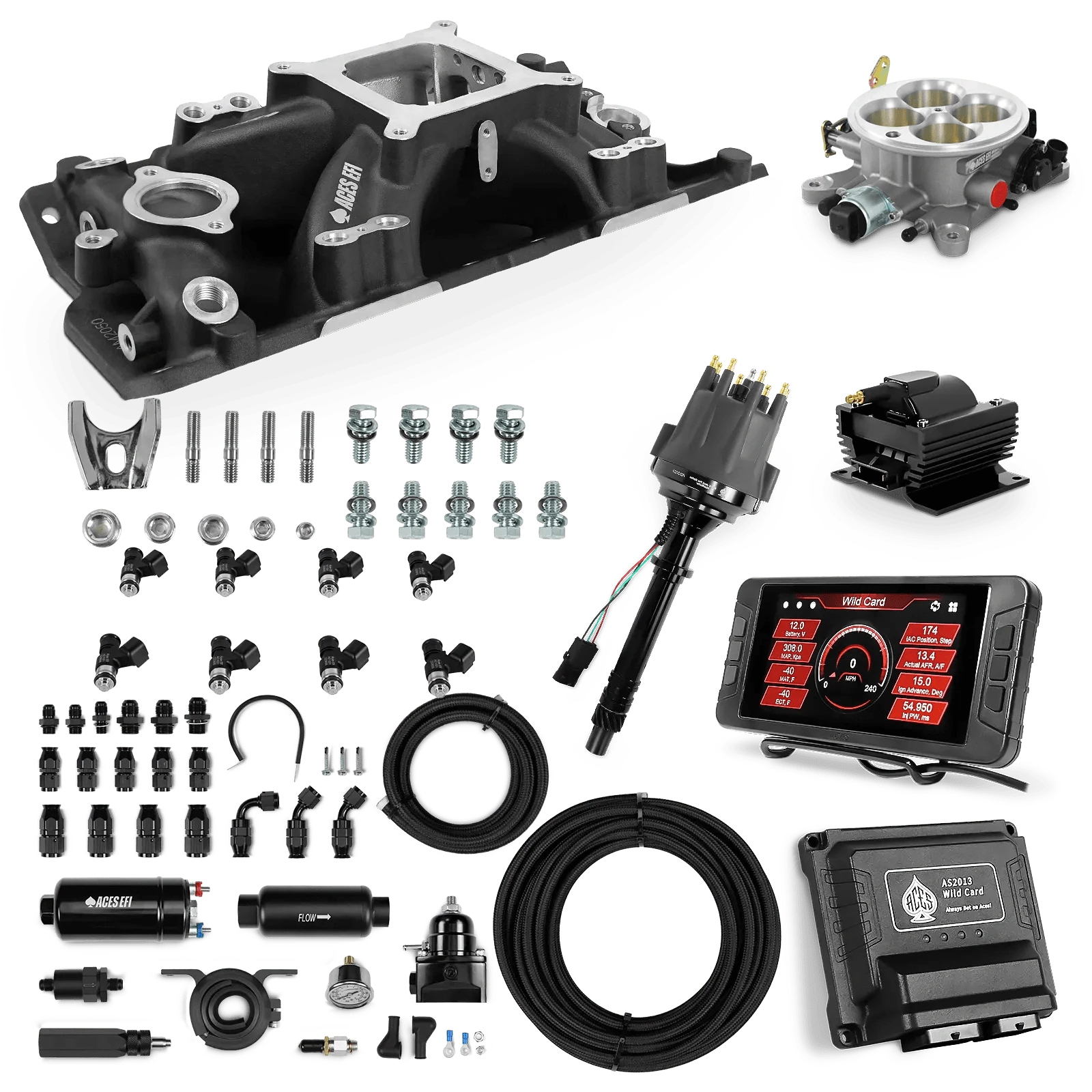 Aces Fuel Injection 255 In-line Fuel Pump System w/40' PTFE Hose / Black Manifold for SBC (non-vortec) Wild Card Sequential EFI Master Kits (500 HP)