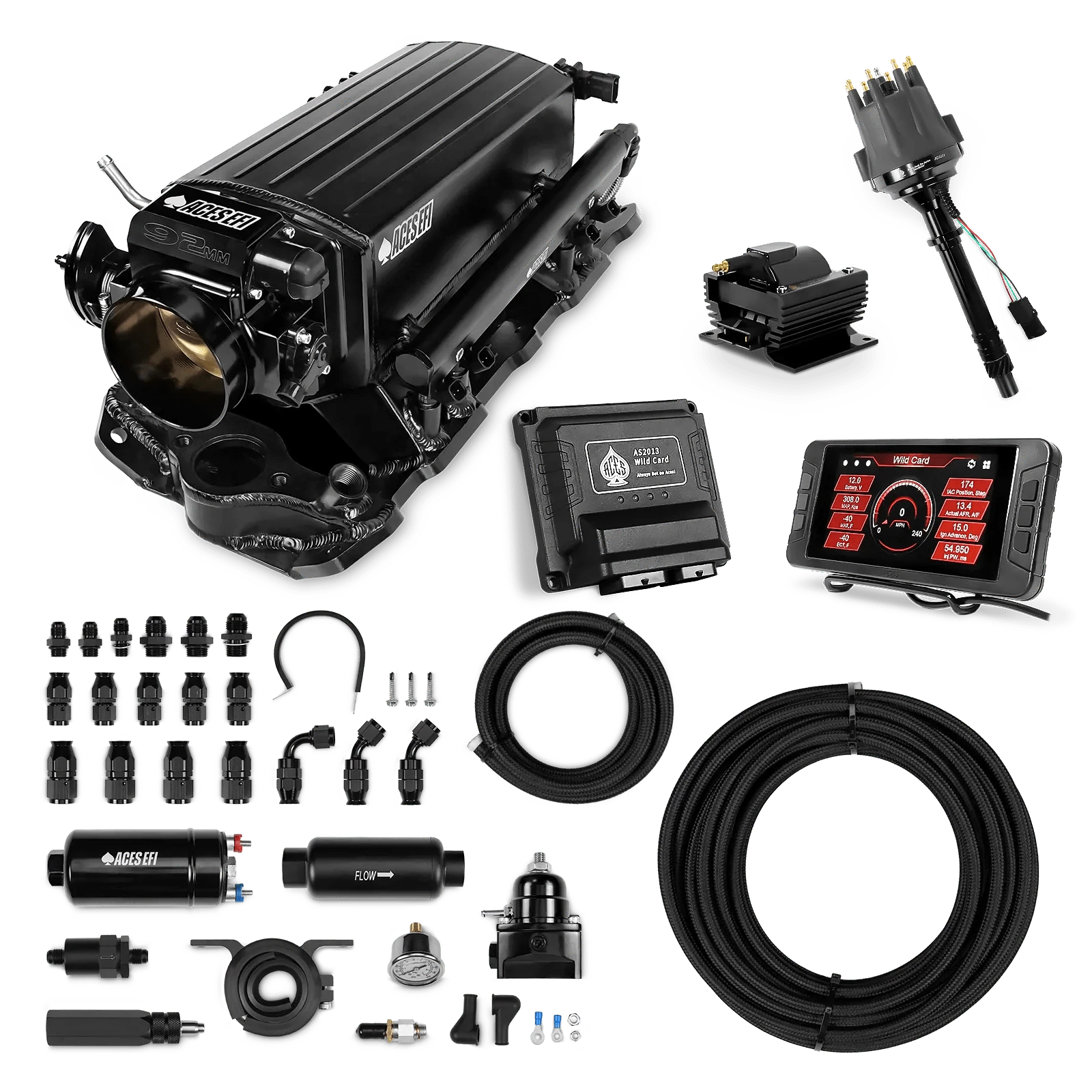 Aces Fuel Injection 255 In-line Fuel Pump System w/40' PTFE Hose / Black Tunnel Ram Manifold (fabricated) for SBC (non-vortec) Wild Card Sequential EFI Master Kits (500 HP)