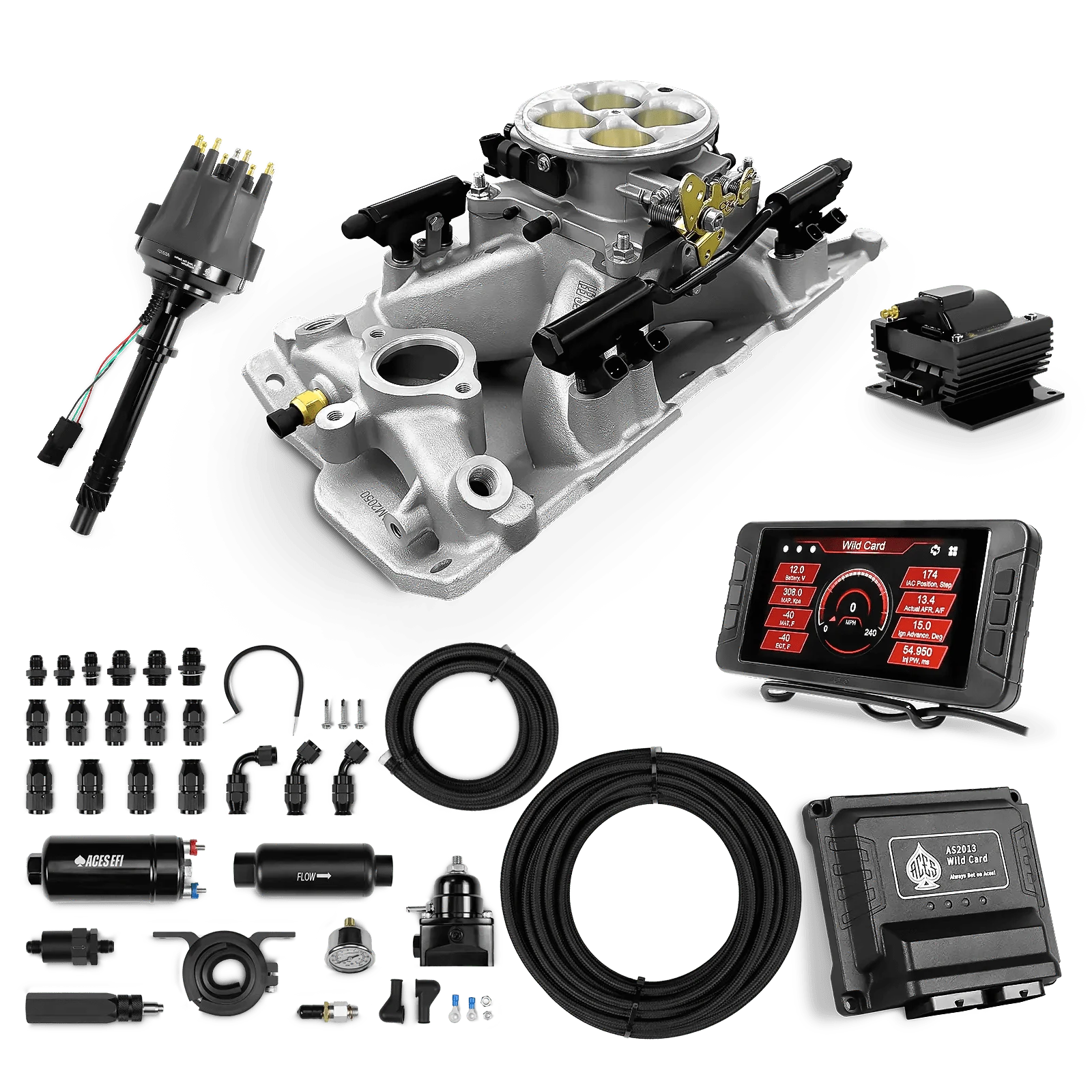 Aces Fuel Injection 255 In-line Fuel Pump System w/40' PTFE Hose / Silver Manifold for SBC (non-vortec) Wild Card Sequential EFI Master Kits (500 HP)