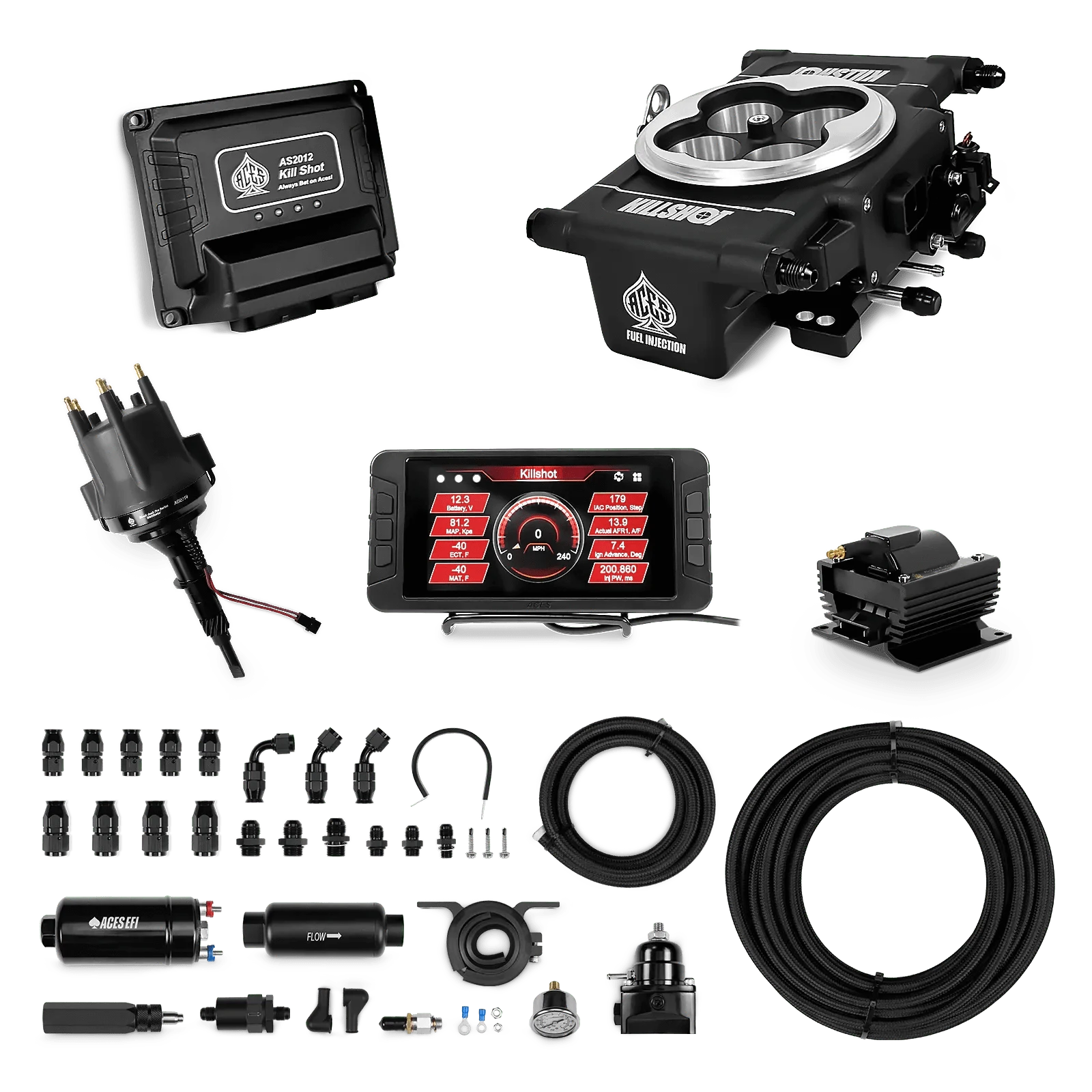 Aces Fuel Injection 255 In-line Pump System w/40' PTFE Hose / 232-258 6-Cyl. Killshot 4-bbl EFI Master Kits (Black)