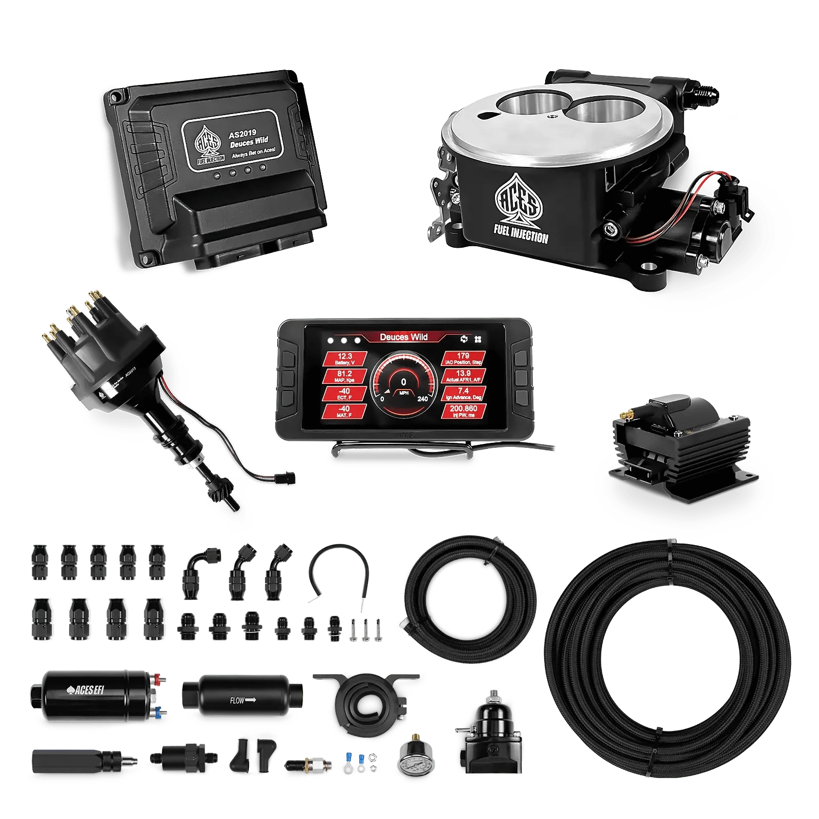 Aces Fuel Injection 255 In-line Pump System w/40' PTFE Hose / 289/302 SBF Deuces Wild 2-bbl EFI - (Black) Master Kit