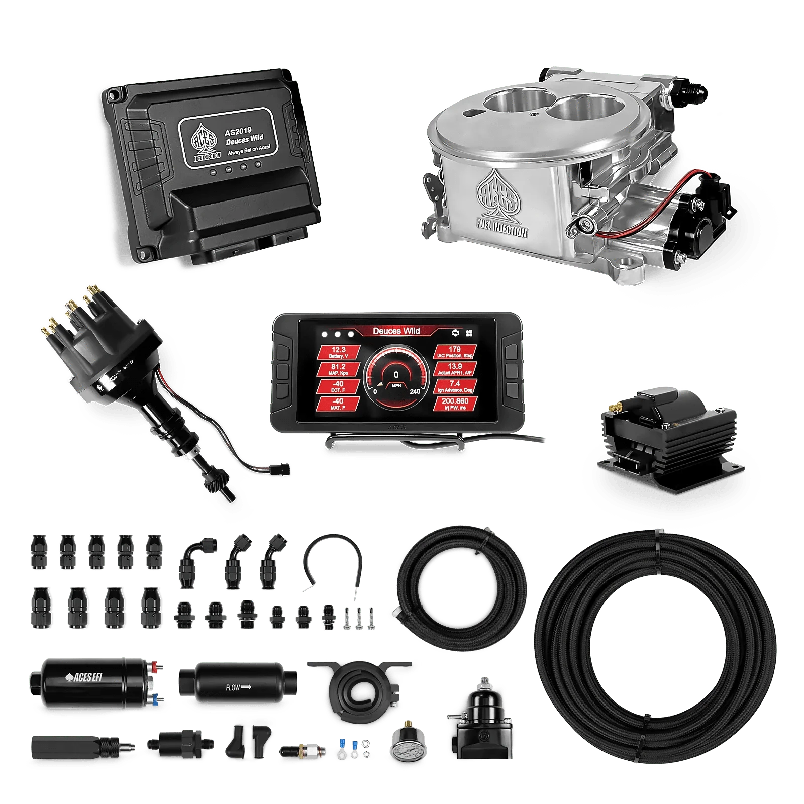 Aces Fuel Injection 255 In-line Pump System w/40' PTFE Hose / 289/302 SBF Deuces Wild 2-bbl EFI - (Polished) Master Kit