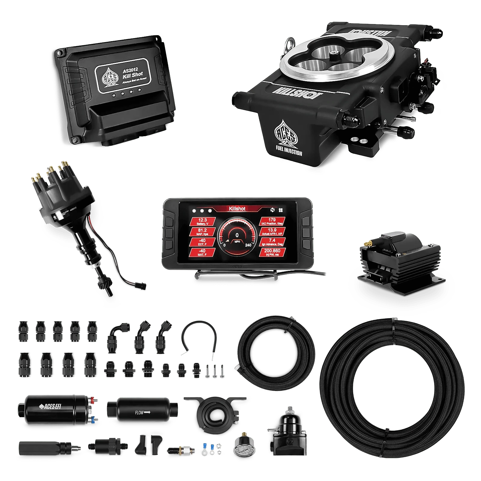 Aces Fuel Injection 255 In-line Pump System w/40' PTFE Hose / 289/302 SBF Killshot 4-bbl EFI Master Kits (Black)