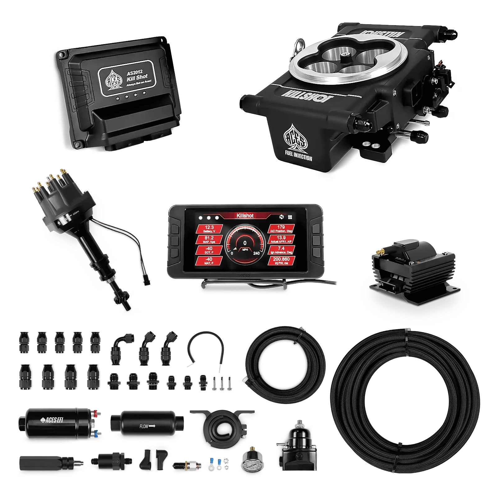 Aces Fuel Injection 255 In-line Pump System w/40' PTFE Hose / 351C/460 BBF Killshot 4-bbl EFI Master Kits (Black)