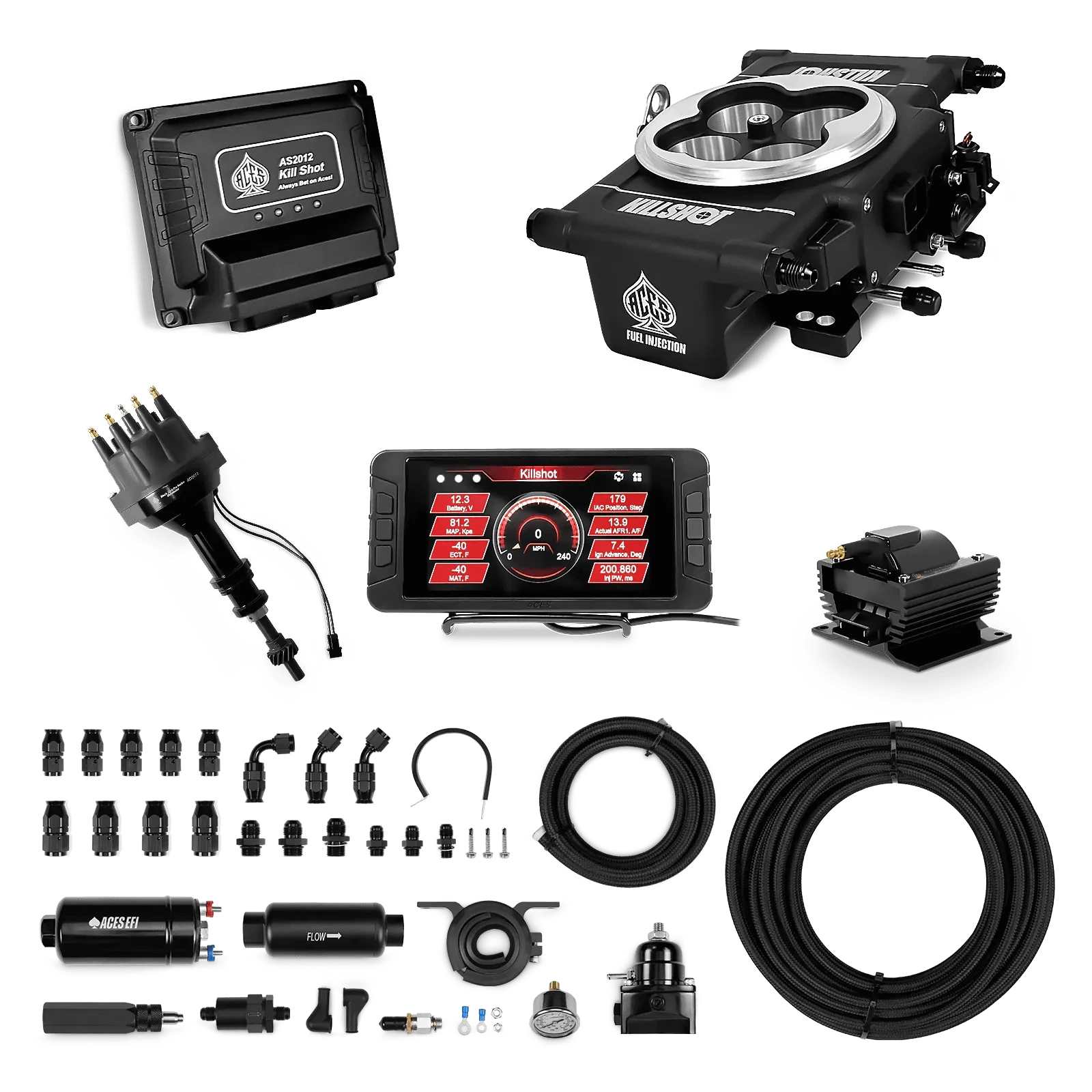 Aces Fuel Injection 255 In-line Pump System w/40' PTFE Hose / 351W SBF Killshot 4-bbl EFI Master Kits (Black)