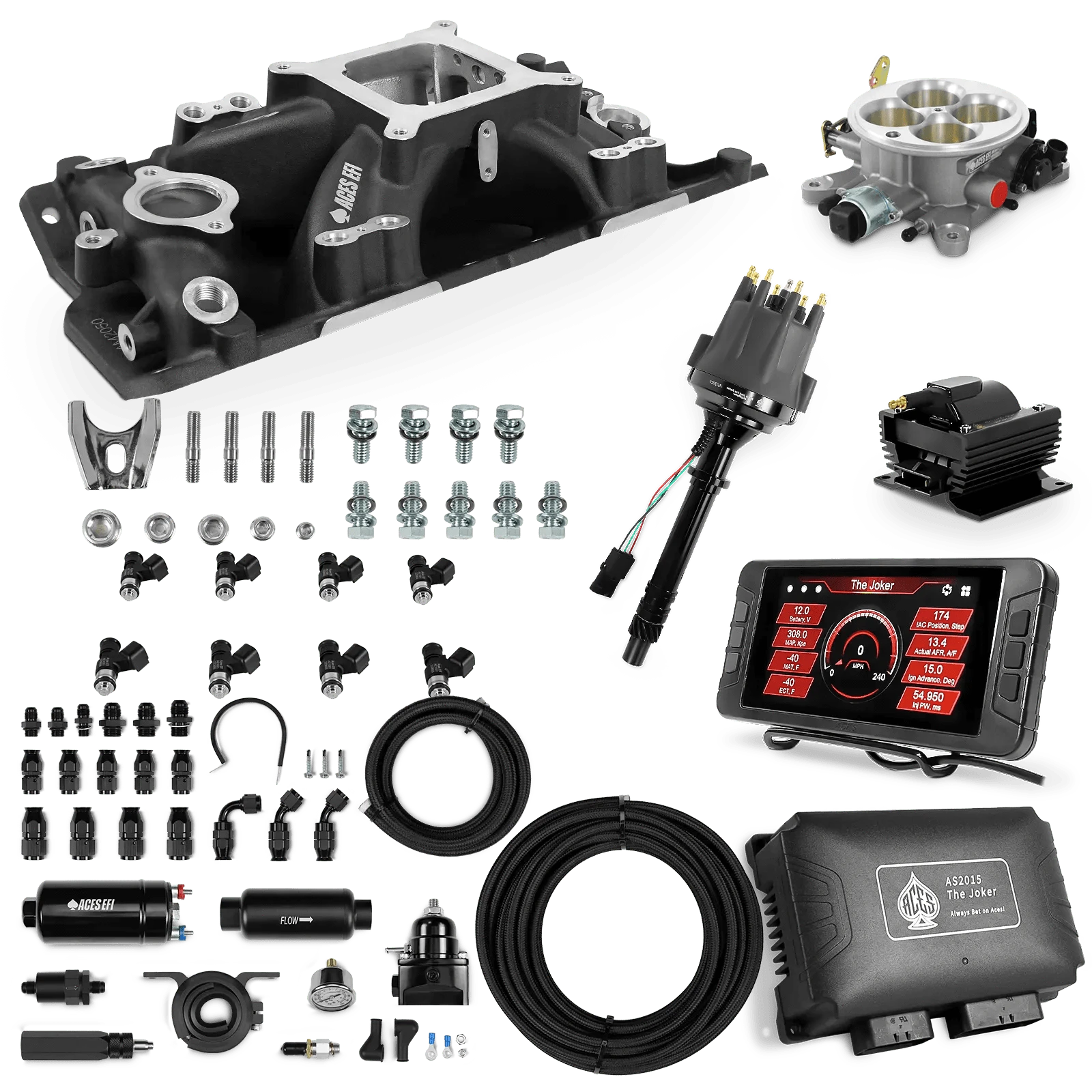 Aces Fuel Injection 255 In-line Pump System w/40' PTFE Hose / Black Manifold for SBC (non-vortec) The Joker Sequential EFI/CDI Master Kits (500 HP)