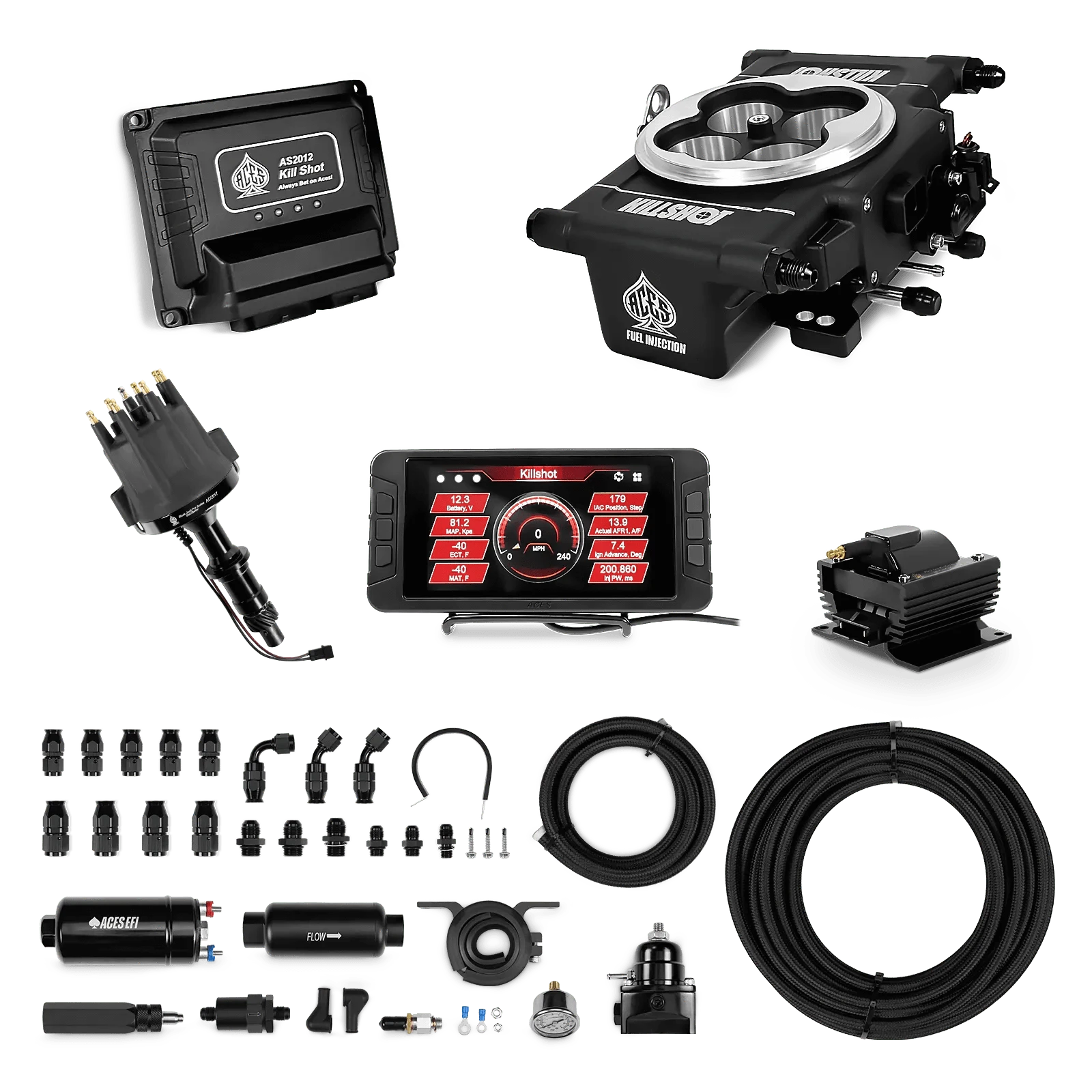 Aces Fuel Injection 255 In-line Pump System w/40' PTFE Hose / Pontiac 326-455 Killshot 4-bbl EFI Master Kits (Black)