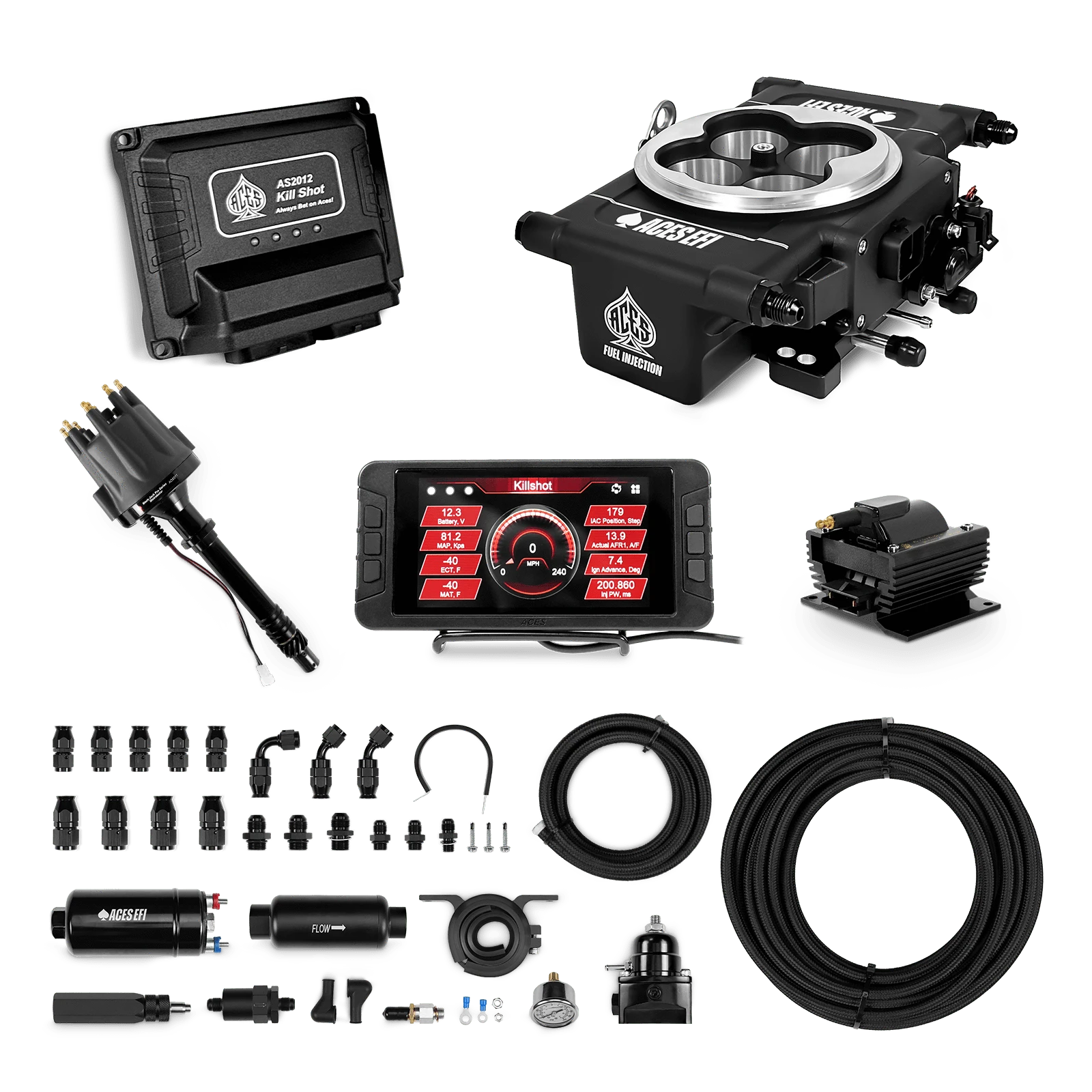 Aces Fuel Injection 255 In-line Pump System w/40' PTFE Hose / SB/BB Chevy Killshot 4-bbl EFI Master Kits (Black)