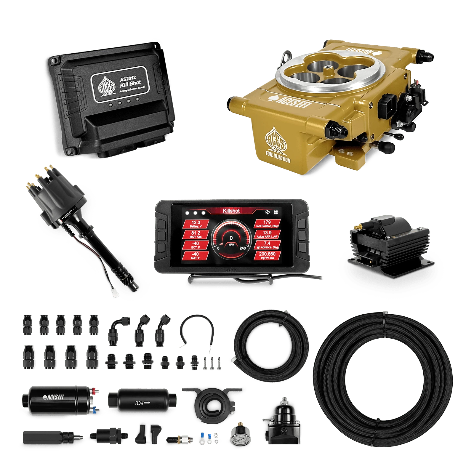 Aces Fuel Injection 255 In-line Pump System w/40' PTFE Hose / SB/BB Chevy Killshot EFI Master Kits (Gold)
