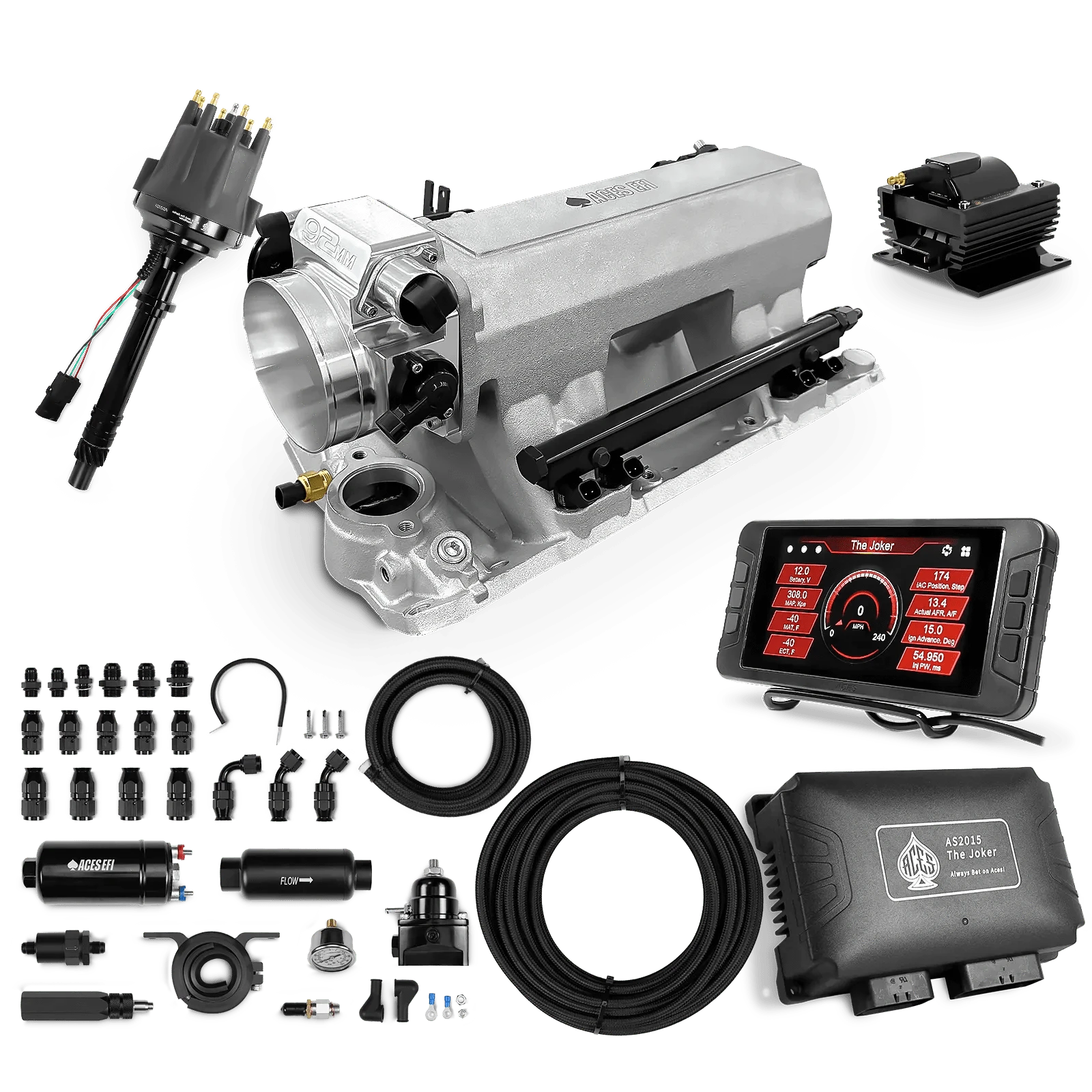 Aces Fuel Injection 255 In-line Pump System w/40' PTFE Hose / Silver Tunnel Ram Manifold for SBC (non-vortec) The Joker Sequential EFI/CDI Master Kits (500 HP)