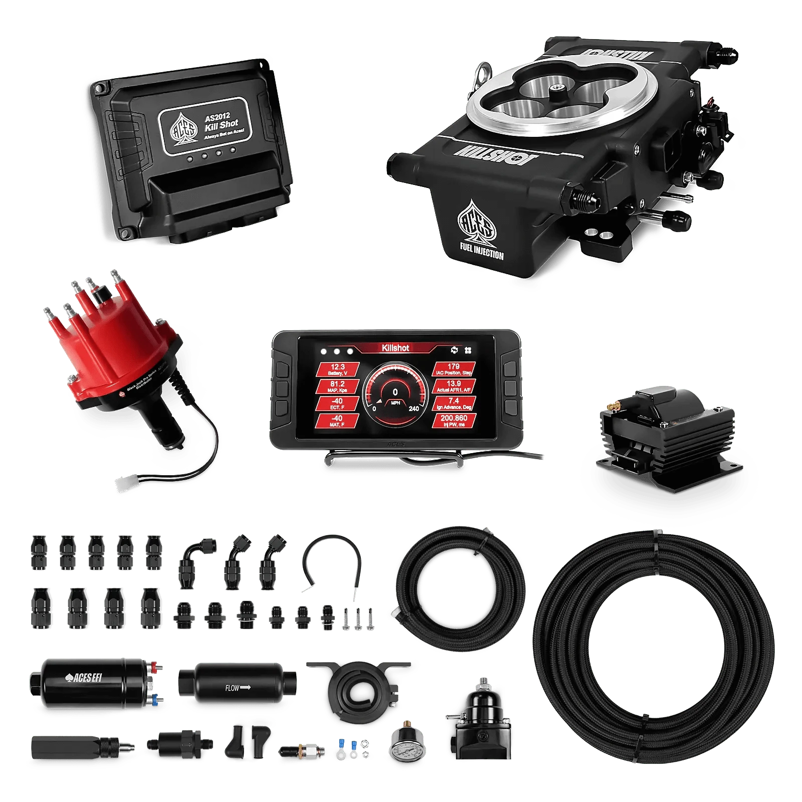 Aces Fuel Injection 255 In-line Pump System w/40' PTFE Hose / VW Type1 Killshot 4-bbl EFI Master Kits (Black)