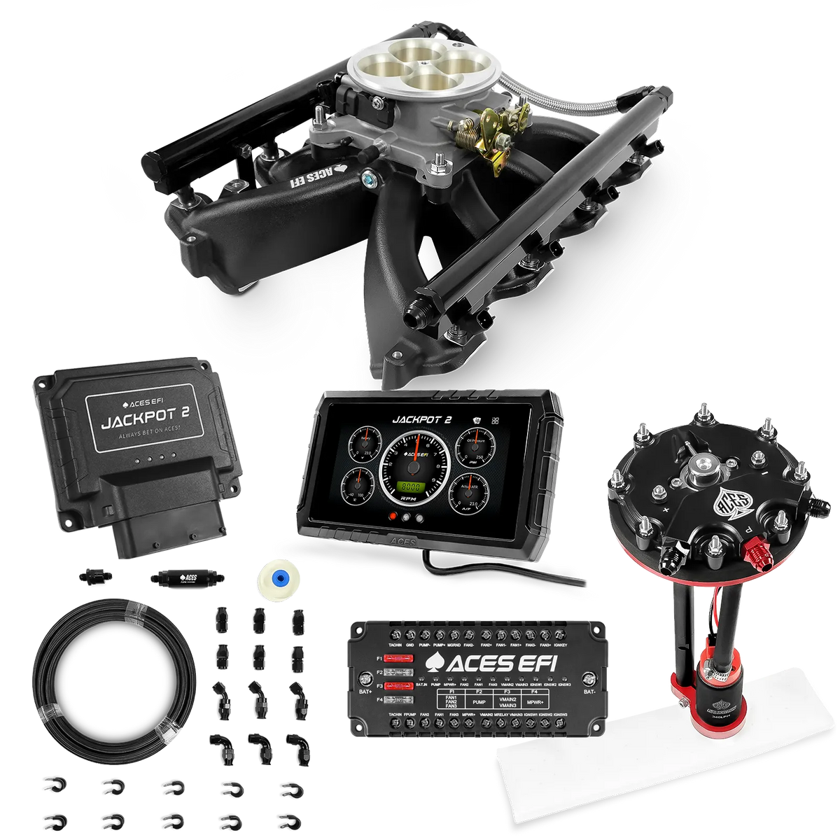 Sistema EFI Jackpot 2 LS - Kit completo con módulo de bomba de conversión de tanque con regulador interno + kit de mangueras de PTFE de 20 pies