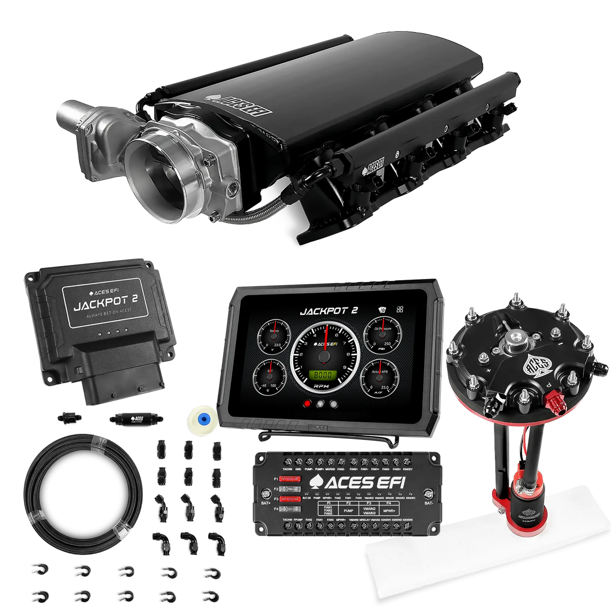 Sistema EFI Jackpot 2 LS - Kit completo con módulo de bomba de conversión de tanque con regulador interno + kit de mangueras de PTFE de 20 pies
