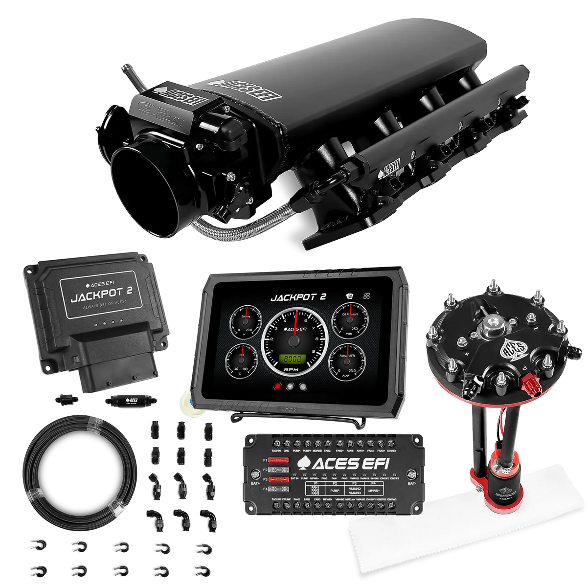Sistema EFI Jackpot 2 LS - Kit completo con módulo de bomba de conversión de tanque con regulador interno + kit de mangueras de PTFE de 20 pies
