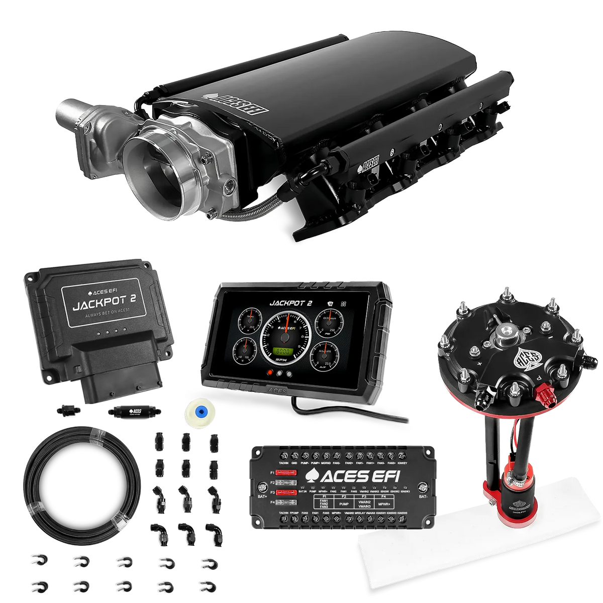 Sistema EFI Jackpot 2 LS - Kit completo con módulo de bomba de conversión de tanque con regulador interno + kit de mangueras de PTFE de 20 pies