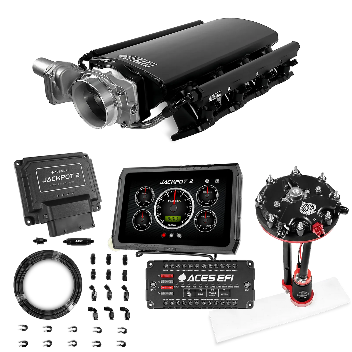 Sistema EFI Jackpot 2 LS - Kit completo con módulo de bomba de conversión de tanque con regulador interno + kit de mangueras de PTFE de 20 pies