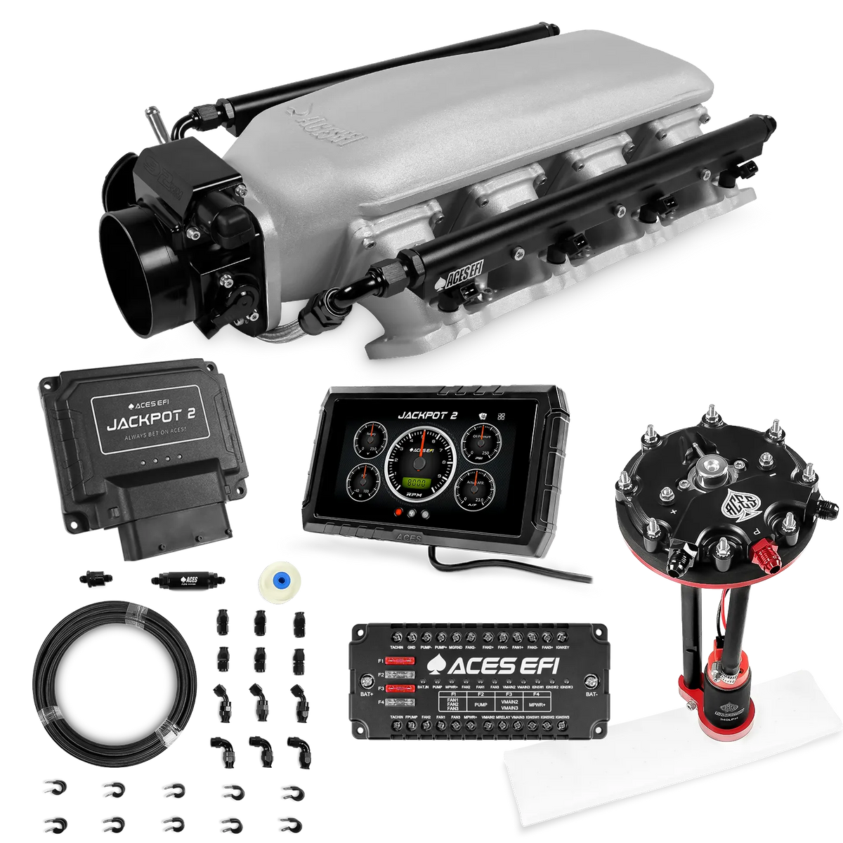 Sistema EFI Jackpot 2 LS - Kit completo con módulo de bomba de conversión de tanque con regulador interno + kit de mangueras de PTFE de 20 pies
