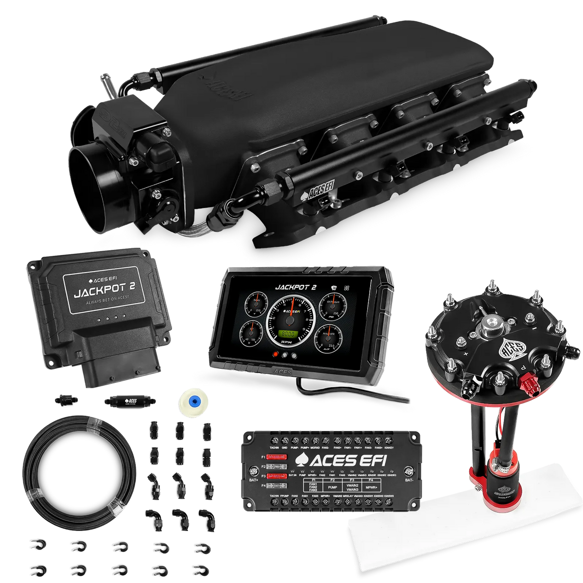 Sistema EFI Jackpot 2 LS - Kit completo con módulo de bomba de conversión de tanque con regulador interno + kit de mangueras de PTFE de 20 pies