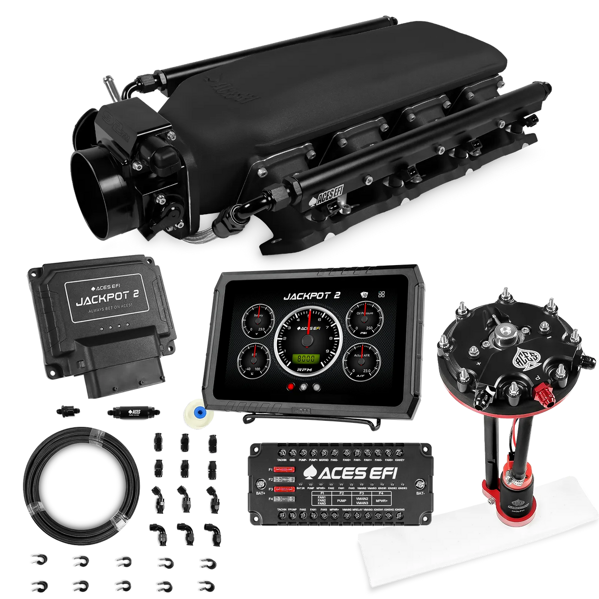 Sistema EFI Jackpot 2 LS - Kit completo con módulo de bomba de conversión de tanque con regulador interno + kit de mangueras de PTFE de 20 pies