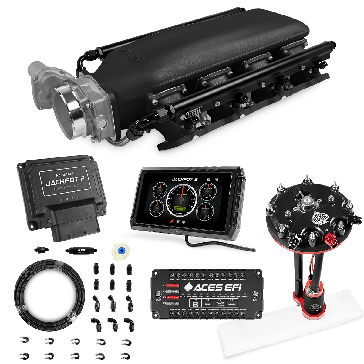 Sistema EFI Jackpot 2 LS - Kit completo con módulo de bomba de conversión de tanque con regulador interno + kit de mangueras de PTFE de 20 pies