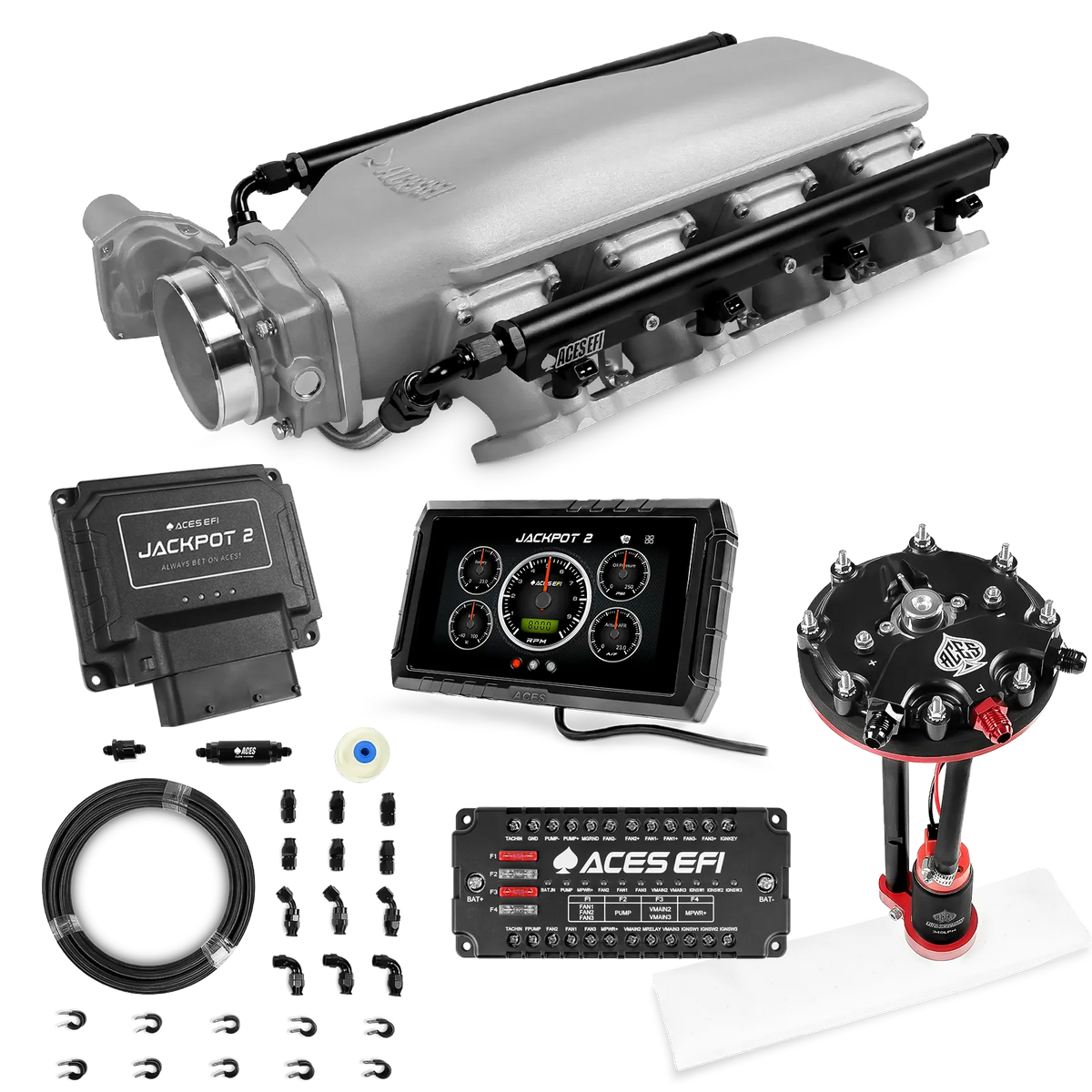 Sistema EFI Jackpot 2 LS - Kit completo con módulo de bomba de conversión de tanque con regulador interno + kit de mangueras de PTFE de 20 pies