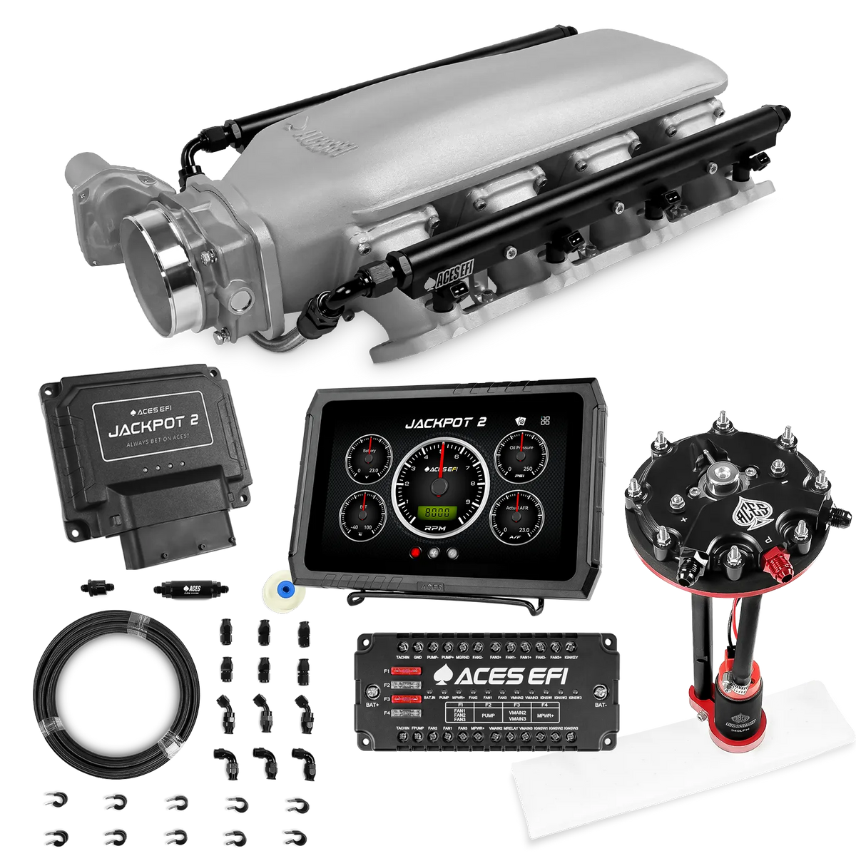 Sistema EFI Jackpot 2 LS - Kit completo con módulo de bomba de conversión de tanque con regulador interno + kit de mangueras de PTFE de 20 pies