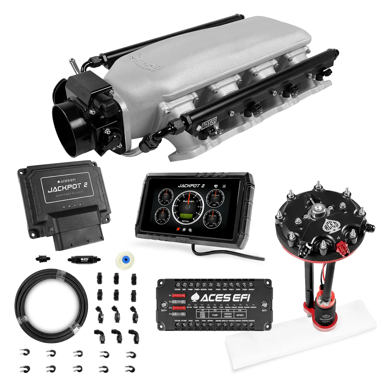 Sistema EFI Jackpot 2 LS - Kit completo con módulo de bomba de conversión de tanque con regulador interno + kit de mangueras de PTFE de 20 pies