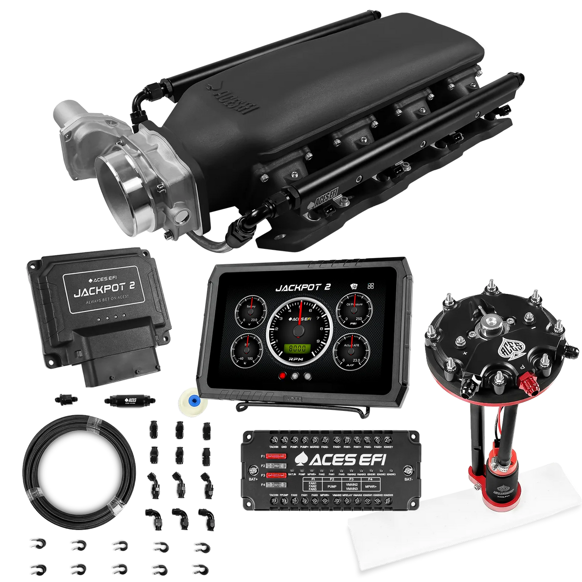Sistema EFI Jackpot 2 LS - Kit completo con módulo de bomba de conversión de tanque con regulador interno + kit de mangueras de PTFE de 20 pies